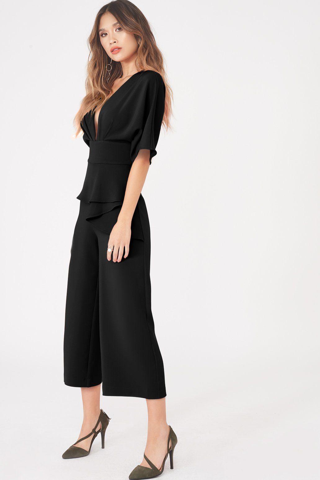 Kimono Sleeve Peplum Detail Culotte Jumpsuit in Black - Lavish Alice