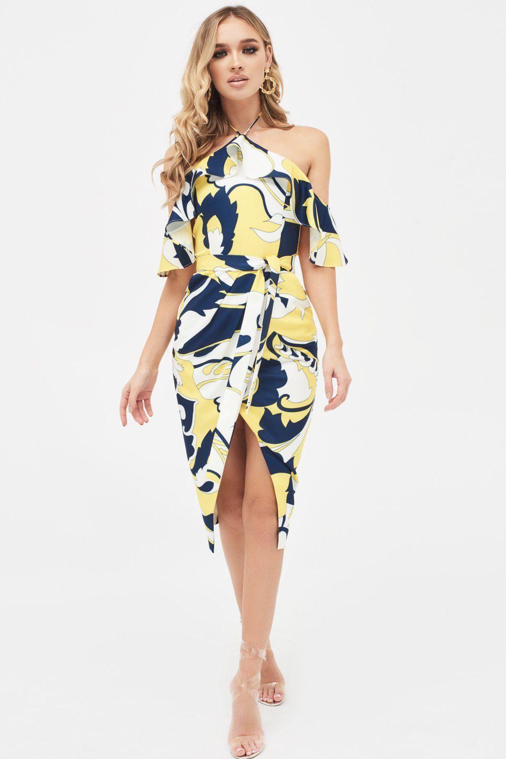 LOGAN Swirl Print Bardot Frill Halterneck Midi Dress - Lavish Alice