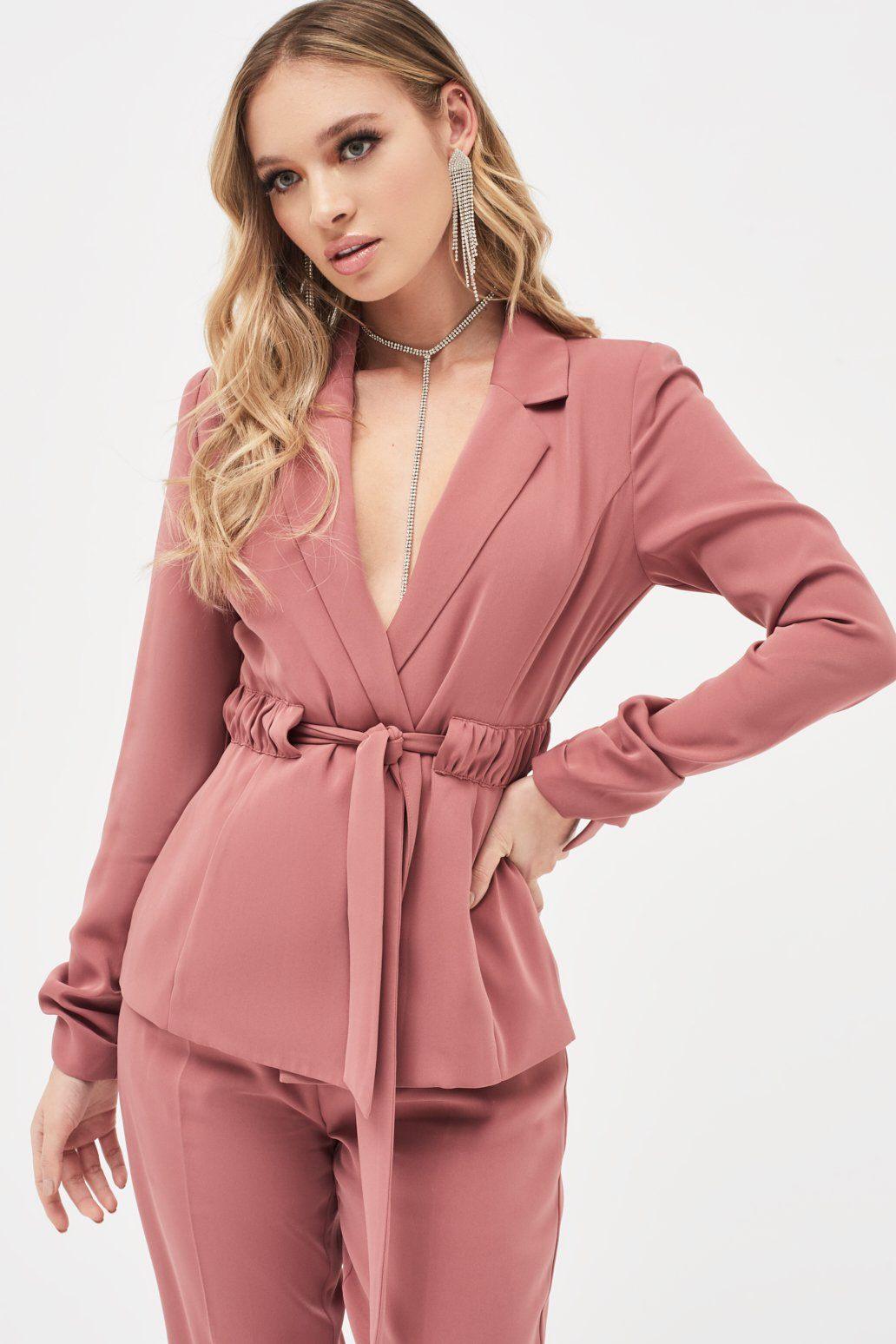 ALLISON Belted Ruche Sleeve Jacket in Dusty Rose - Lavish Alice