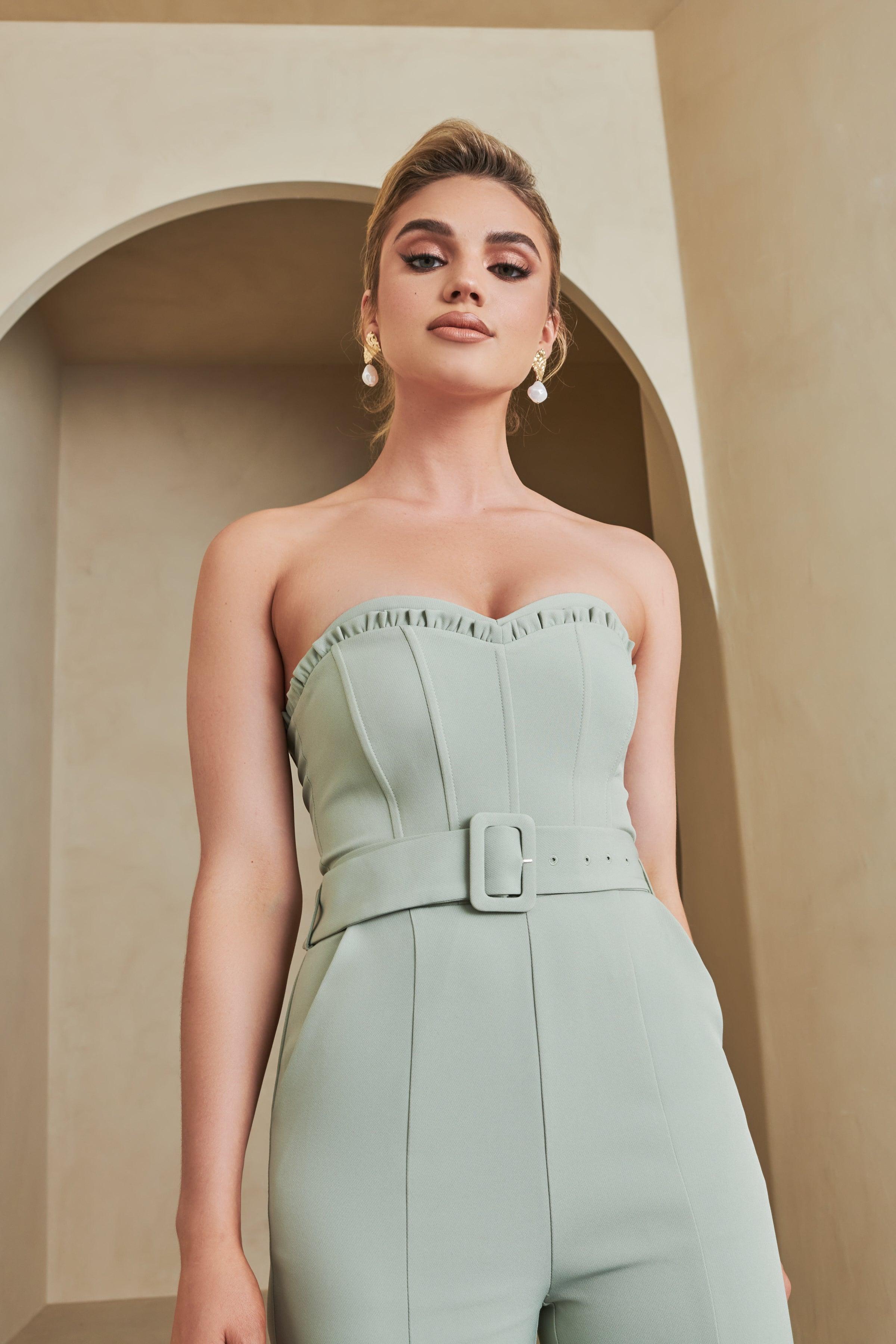 Bandeau Corset Jumpsuit in Sage Green - Lavish Alice