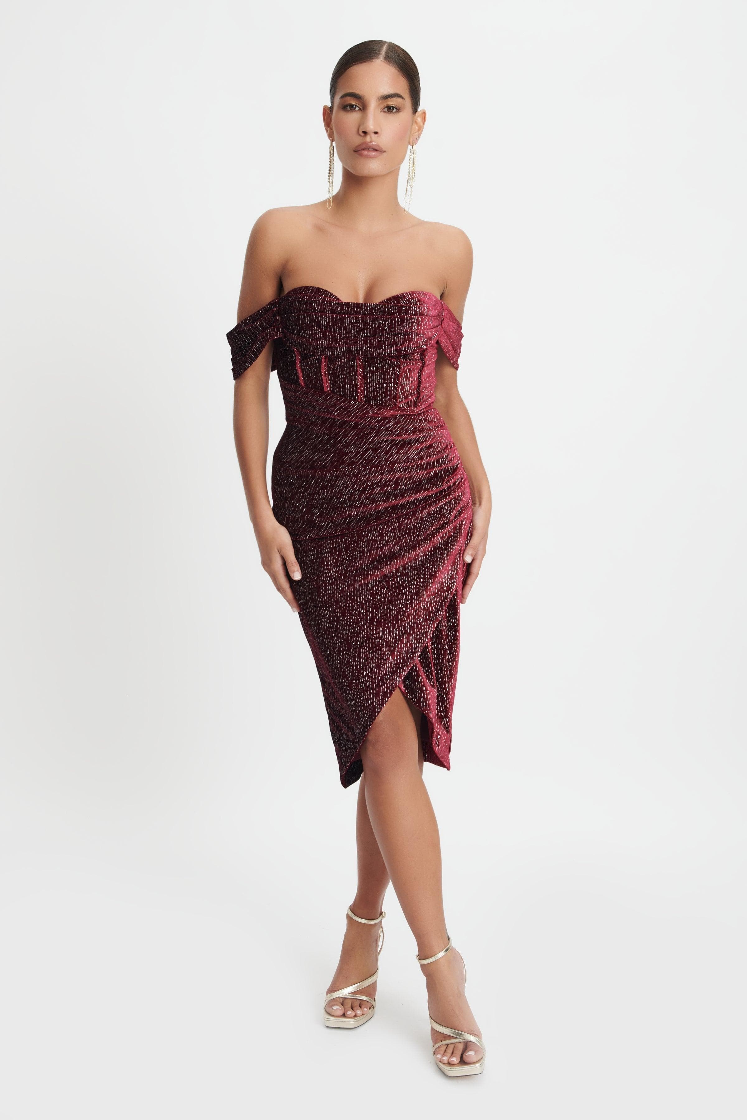 BLAKE Diamante Velvet Pleated Off Shoulder Midi Dress In Burgundy - Lavish Alice