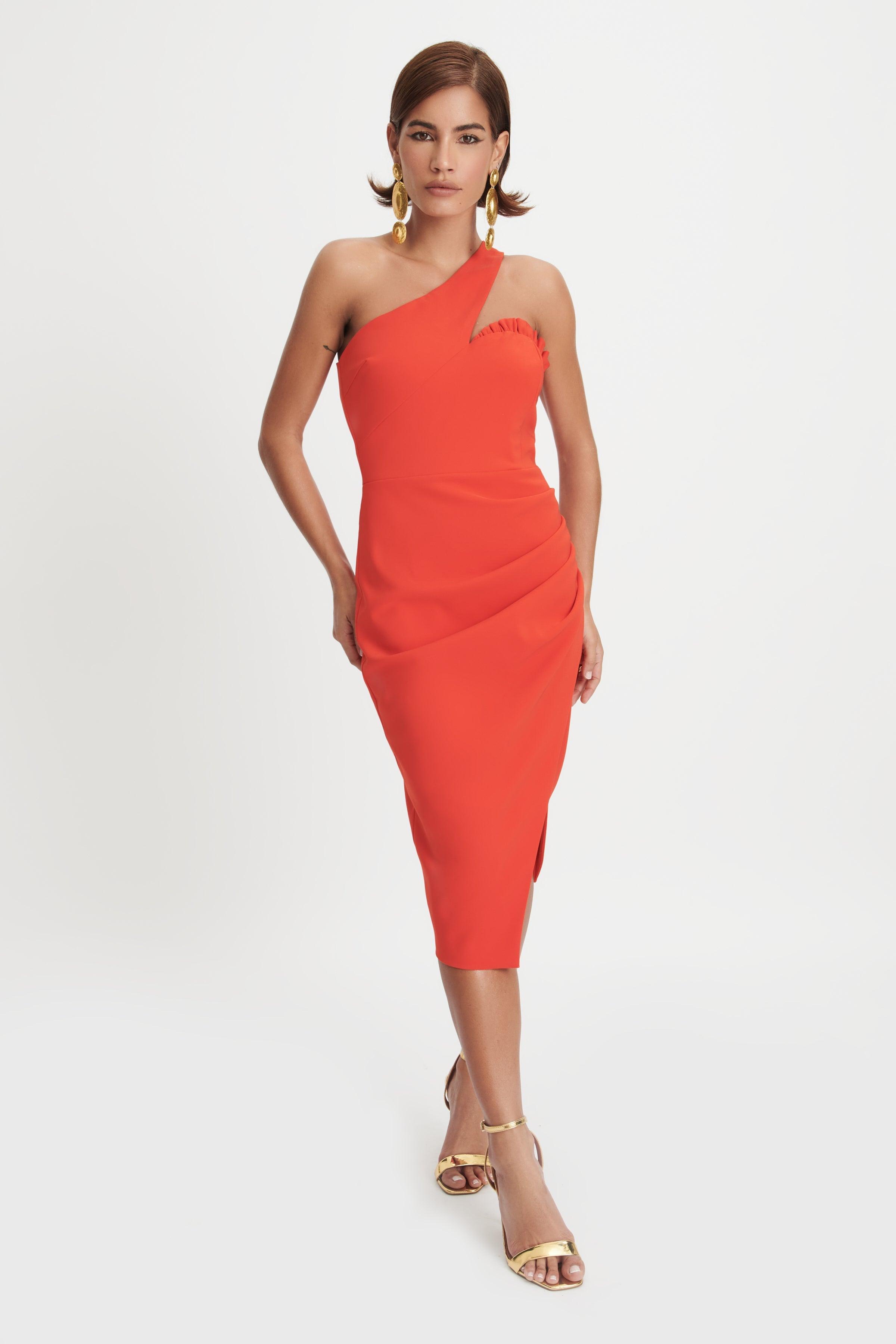 ADDISON Asymmetric Ruffle Detail Wrap Dress In Red - Lavish Alice