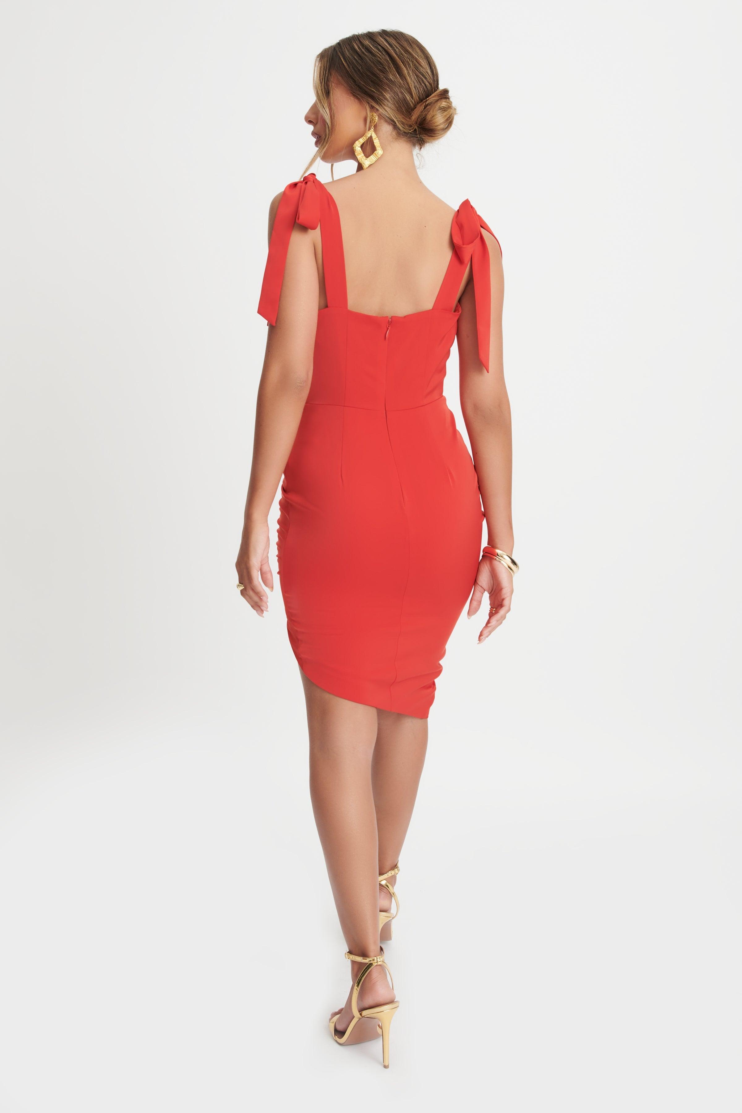 VICTORIA Self Tie Cowl Neck Cotton Dress In Coral Red - Lavish Alice