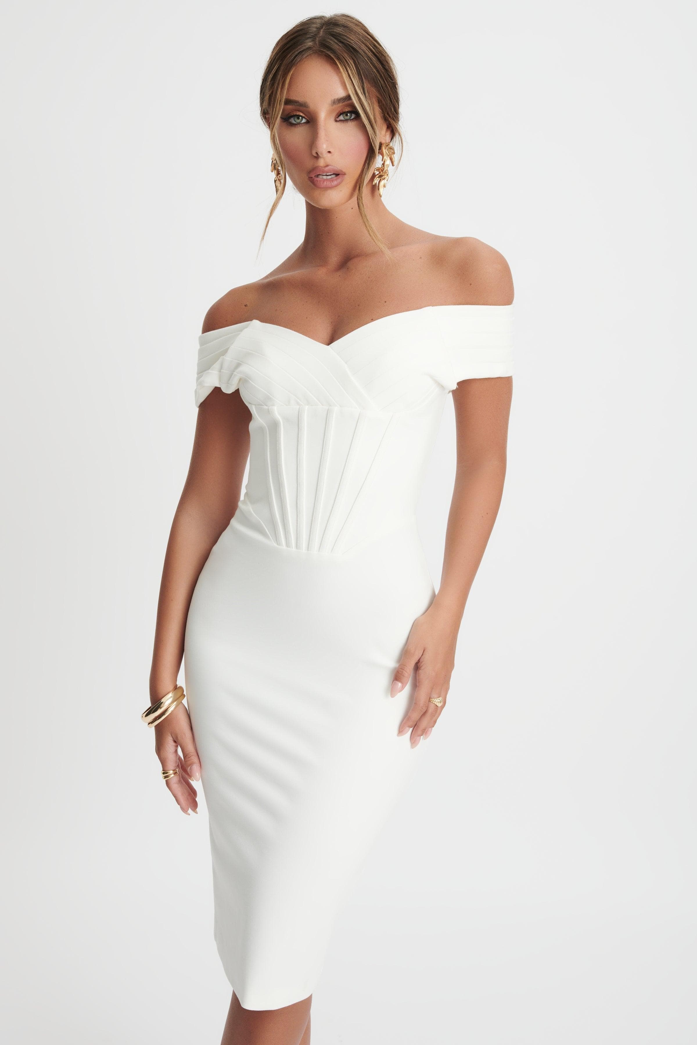 AMY Pleated Off Shoulder Corset Midi Dress In White - Lavish Alice