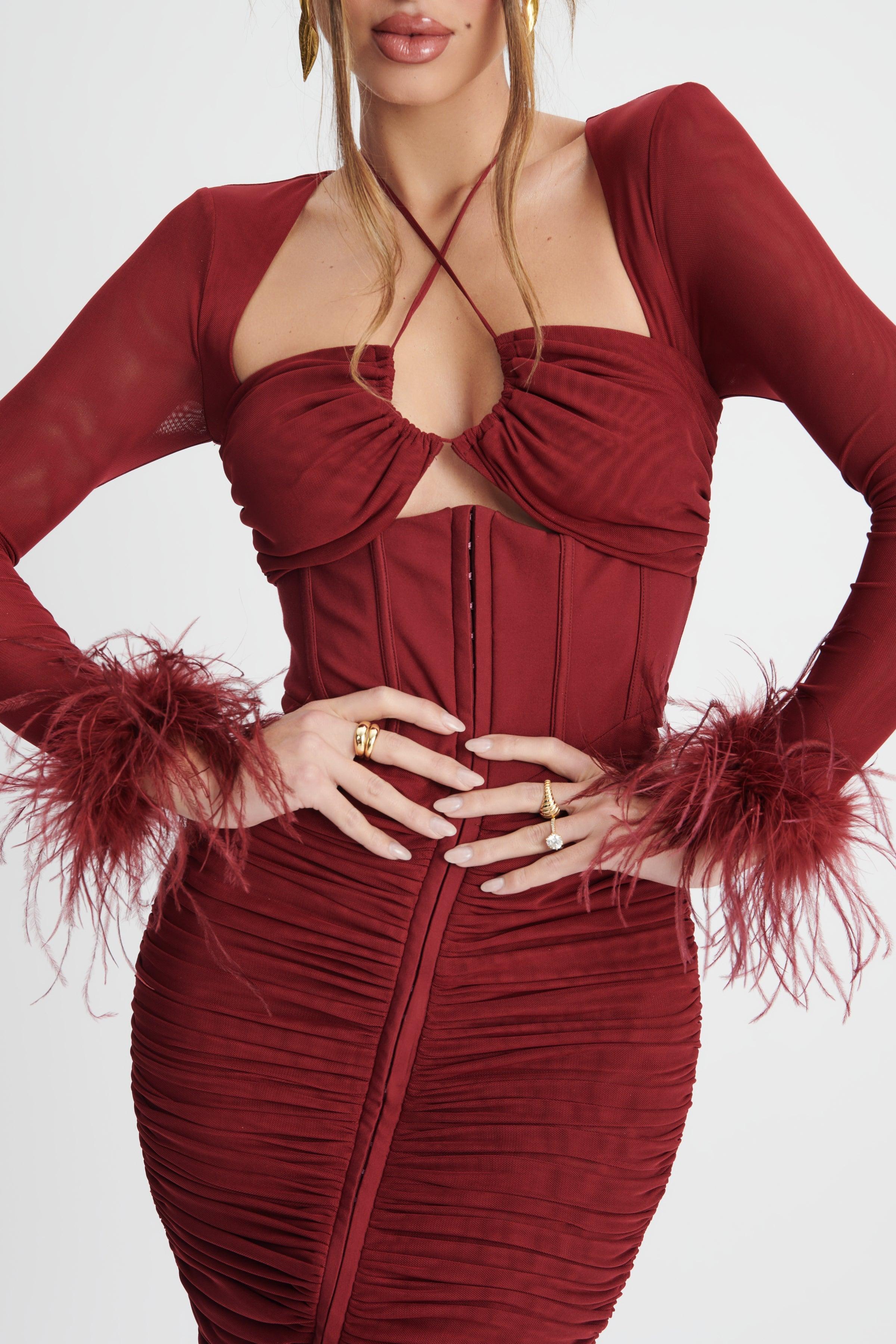 CATALINA Gathered Mesh Midi Dress With Feather Cuffs In Burgundy - Lavish Alice