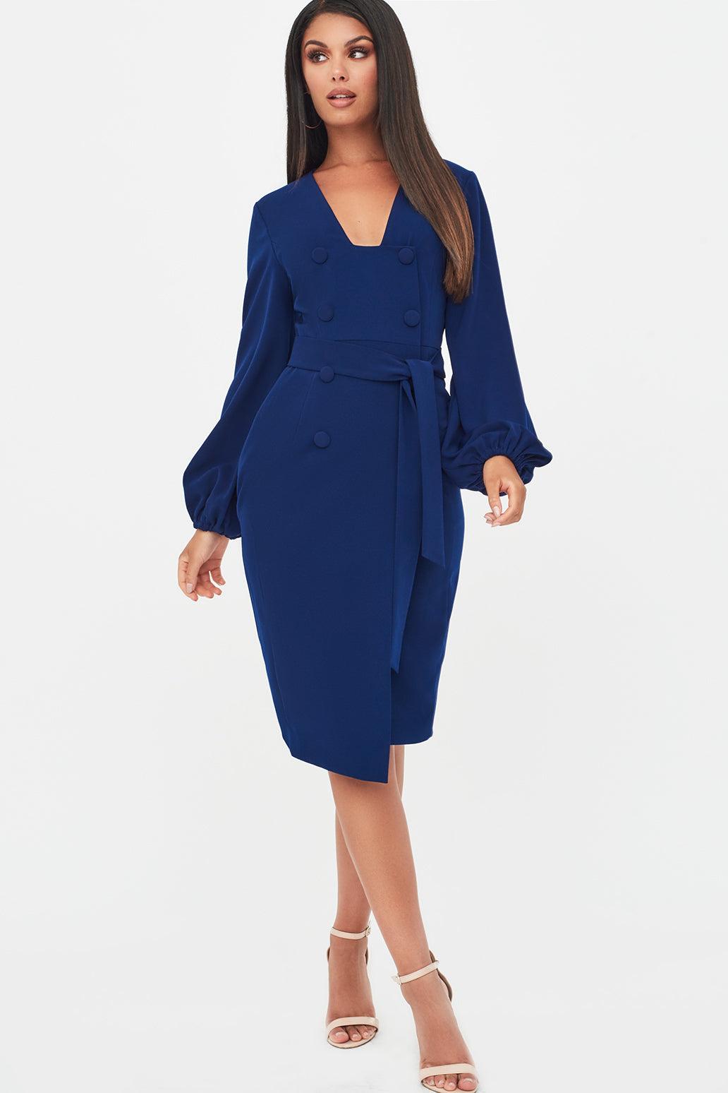 Balloon Sleeve Button Detail Dress in Navy - Lavish Alice