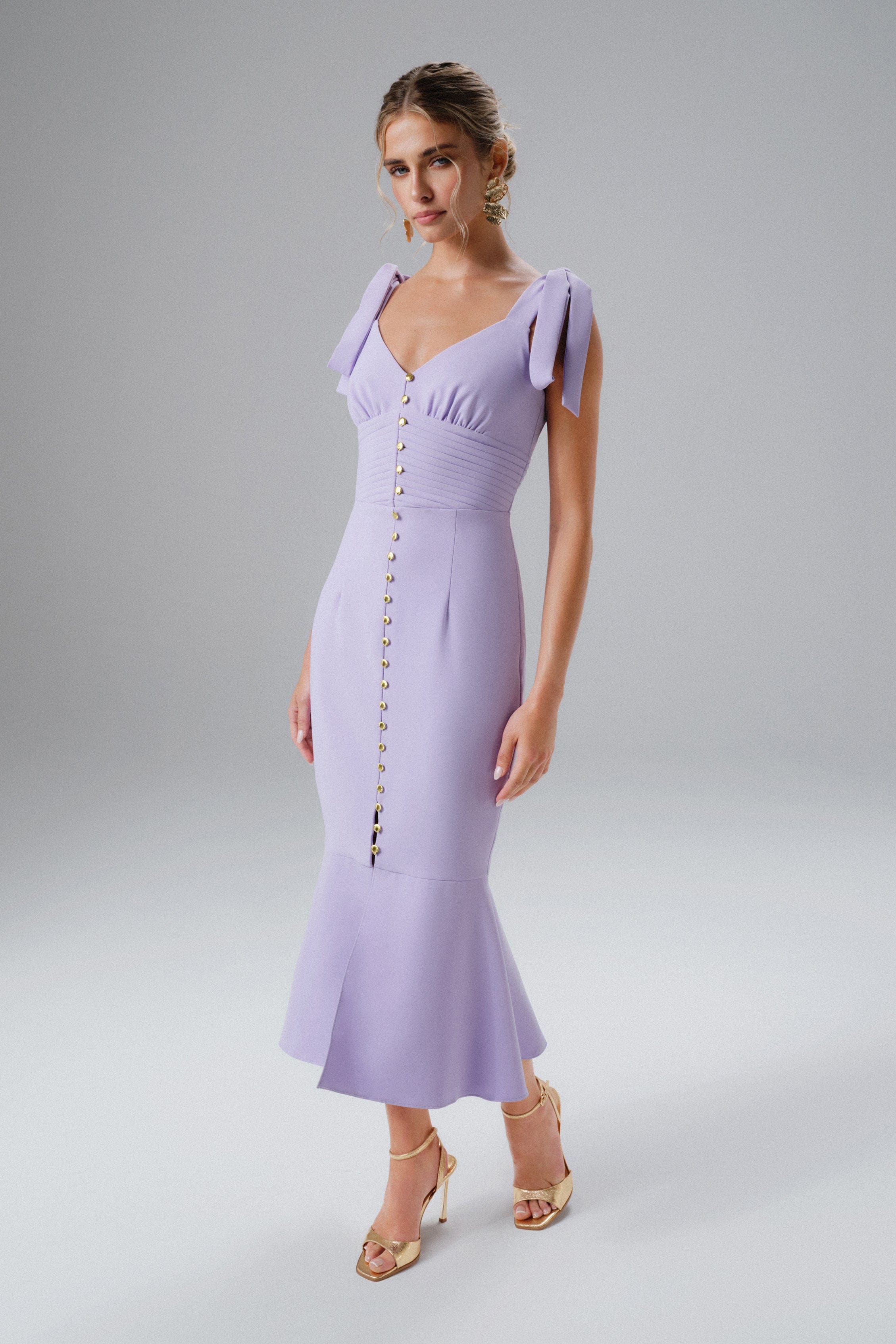 KAMILA Tie Strap Micro Shell Button Midi Dress in Lilac