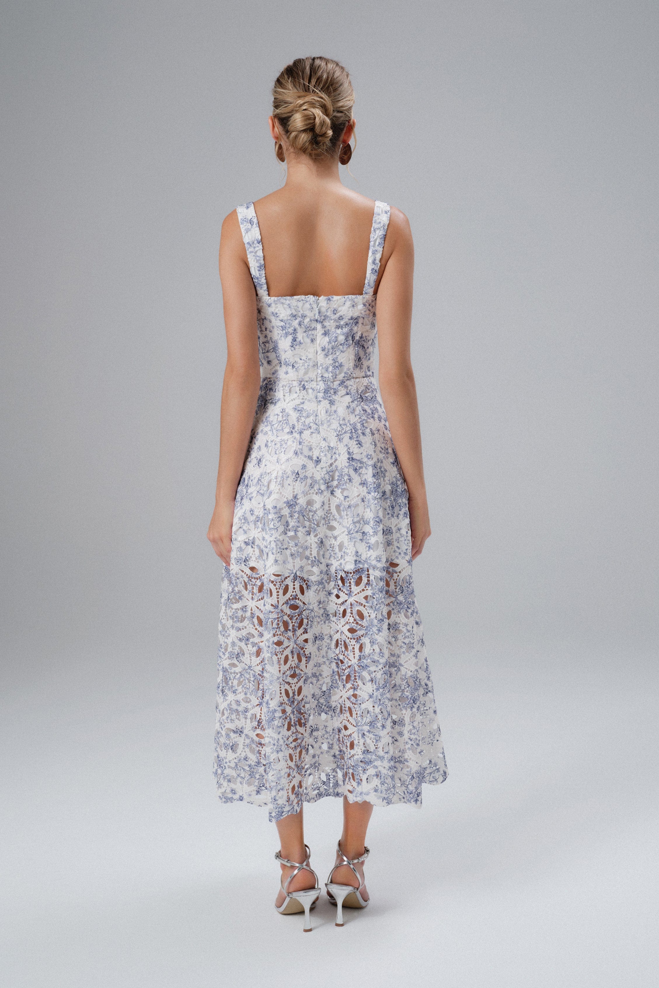 KIRA Broderie Anglais A-Line Midi Sundress in Blue Porcelain Print