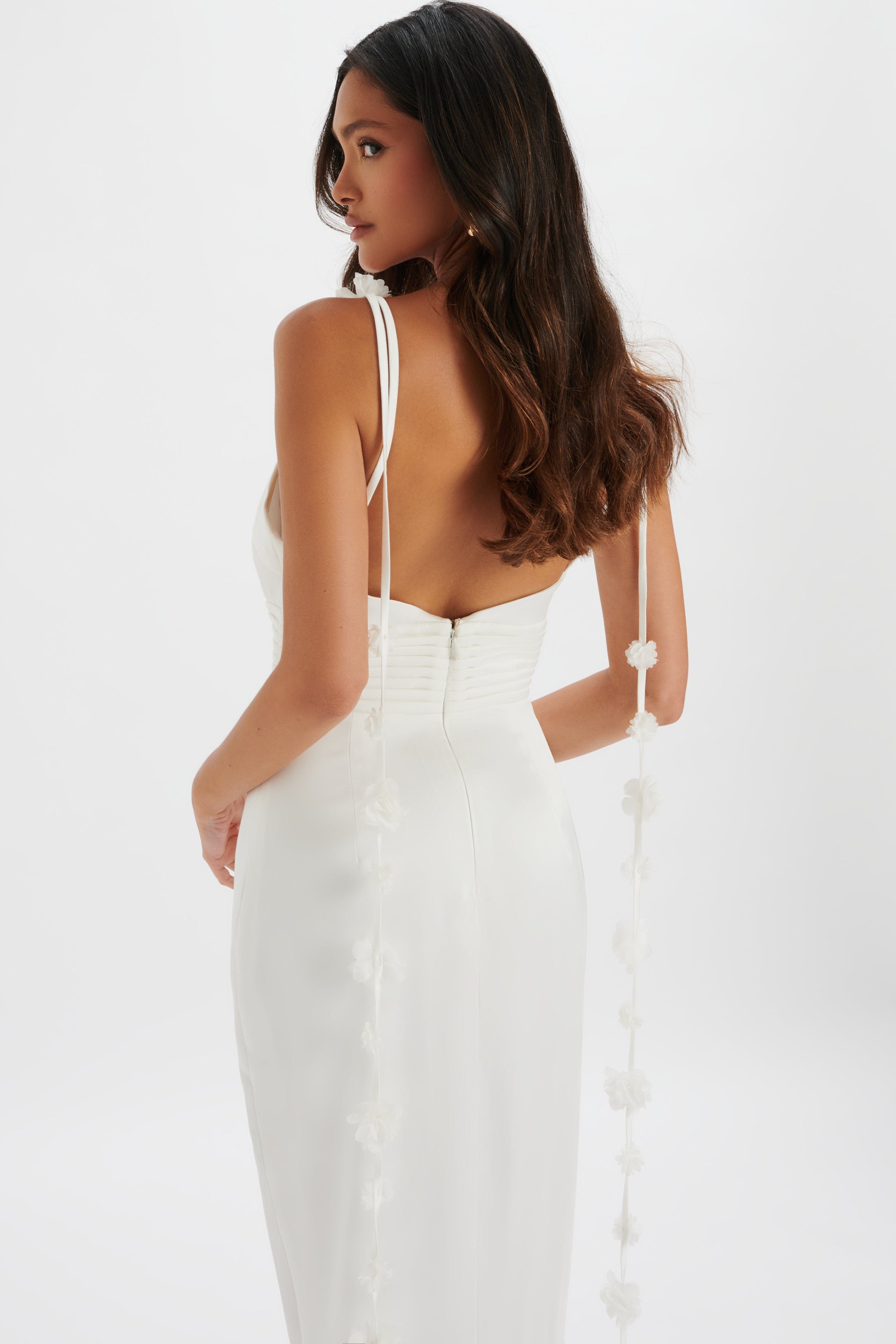 NOVIE Floral Strap Satin Fit and Flare Maxi Dress in Ivory