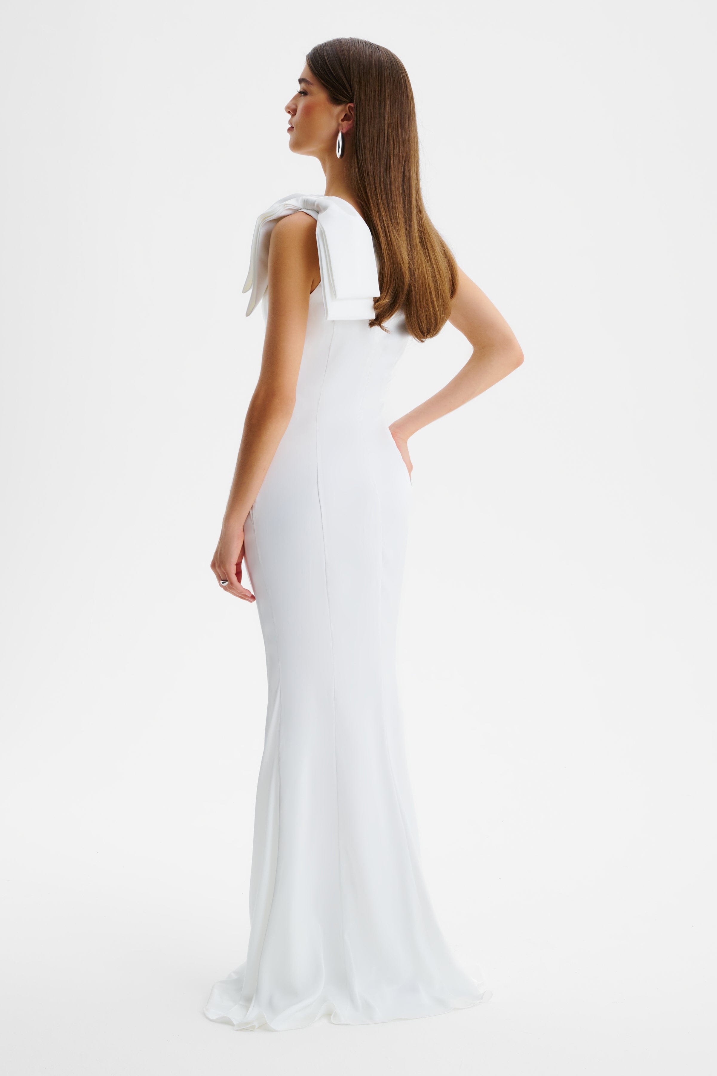 EMELIA One Shoulder Bow Pleated Maxi Dress in White