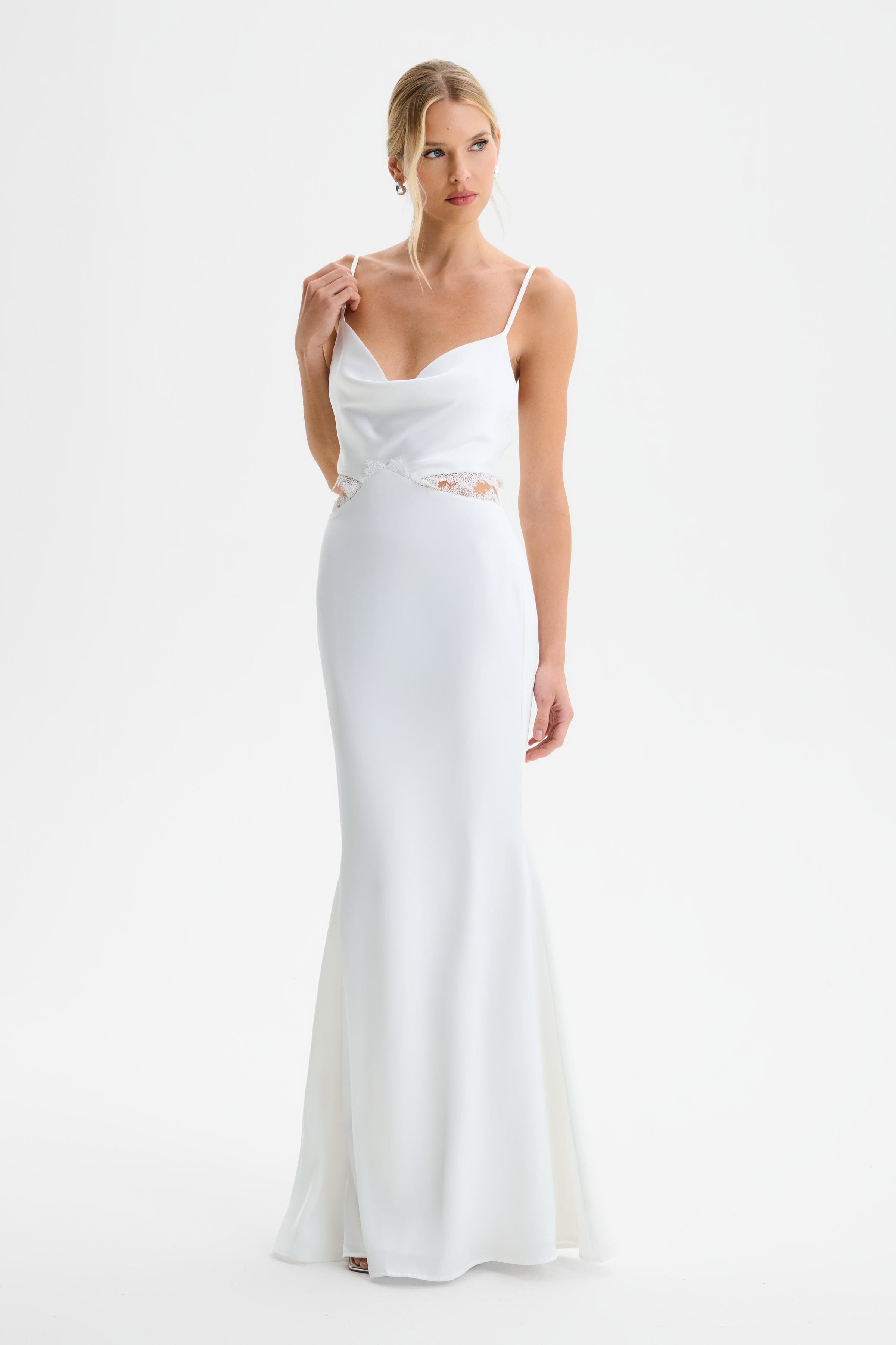 MAY Lace Insert Satin Maxi Dress in White