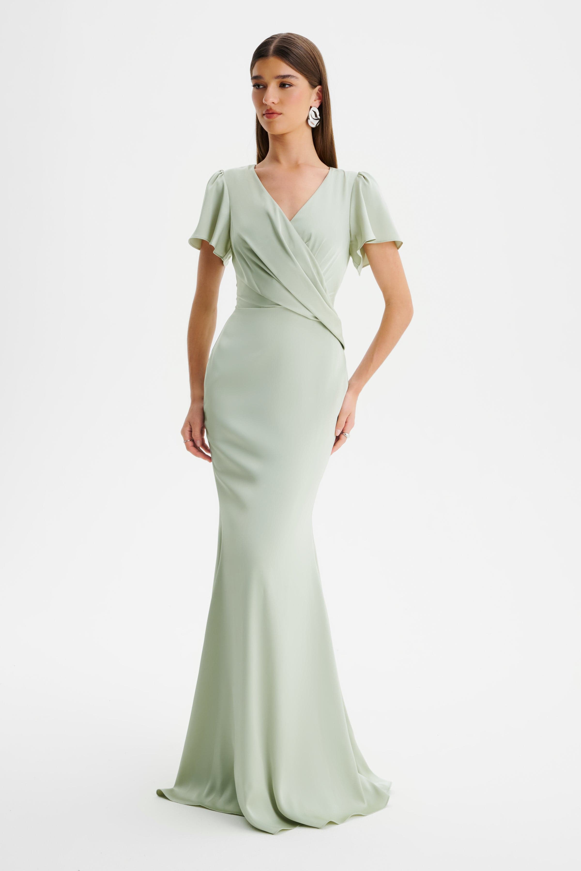 BEAU Draped Wrap Satin Maxi Dress with Sleeves in Sage Green