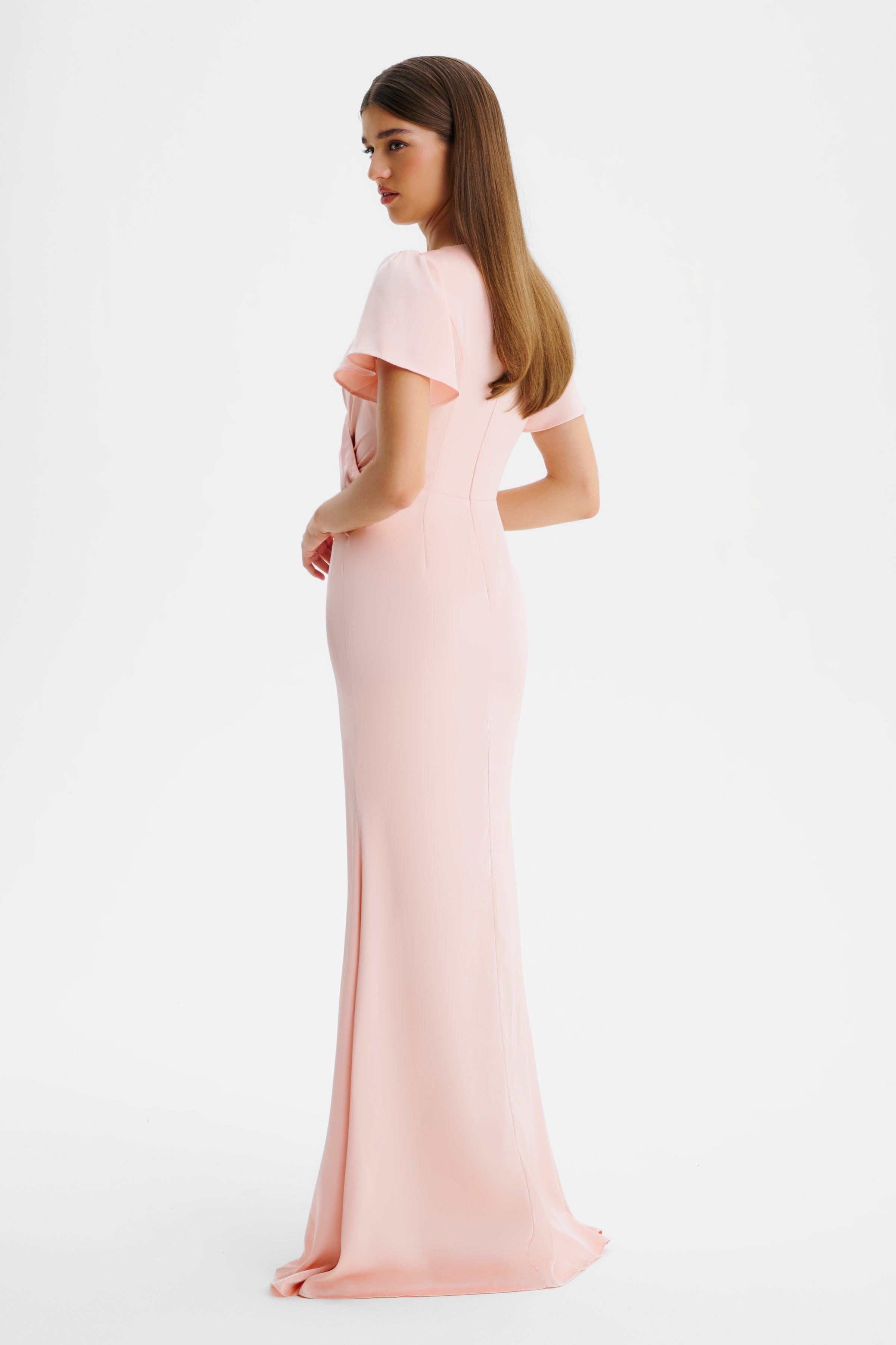 BEAU Draped Wrap Satin Maxi Dress with Sleeves in Pink