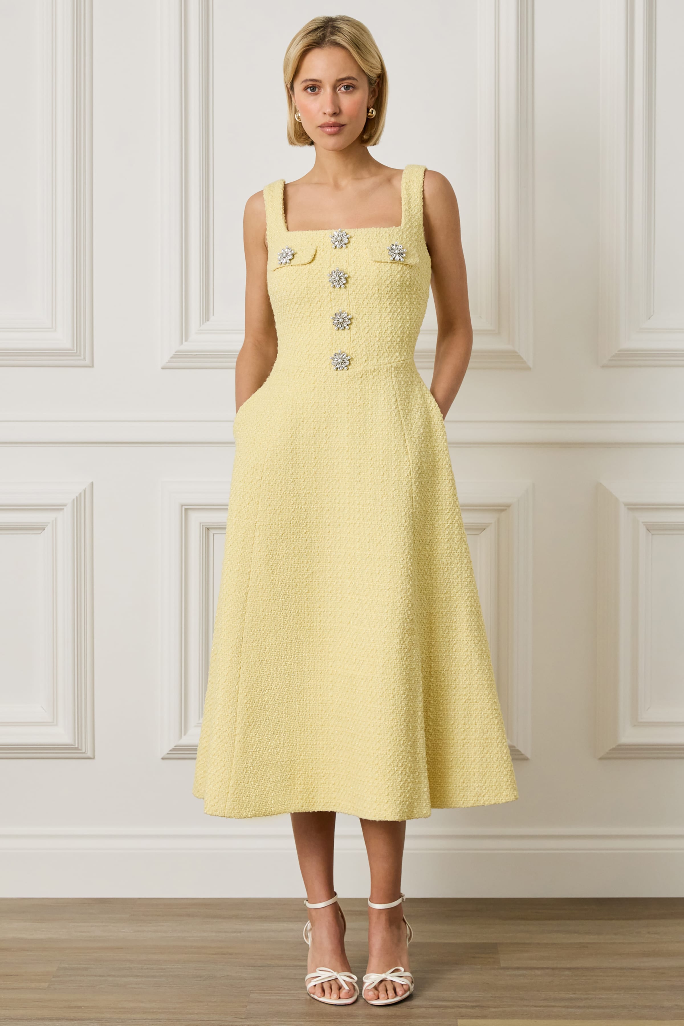 ELLA Embellished Boucle Midi Dress in Yellow