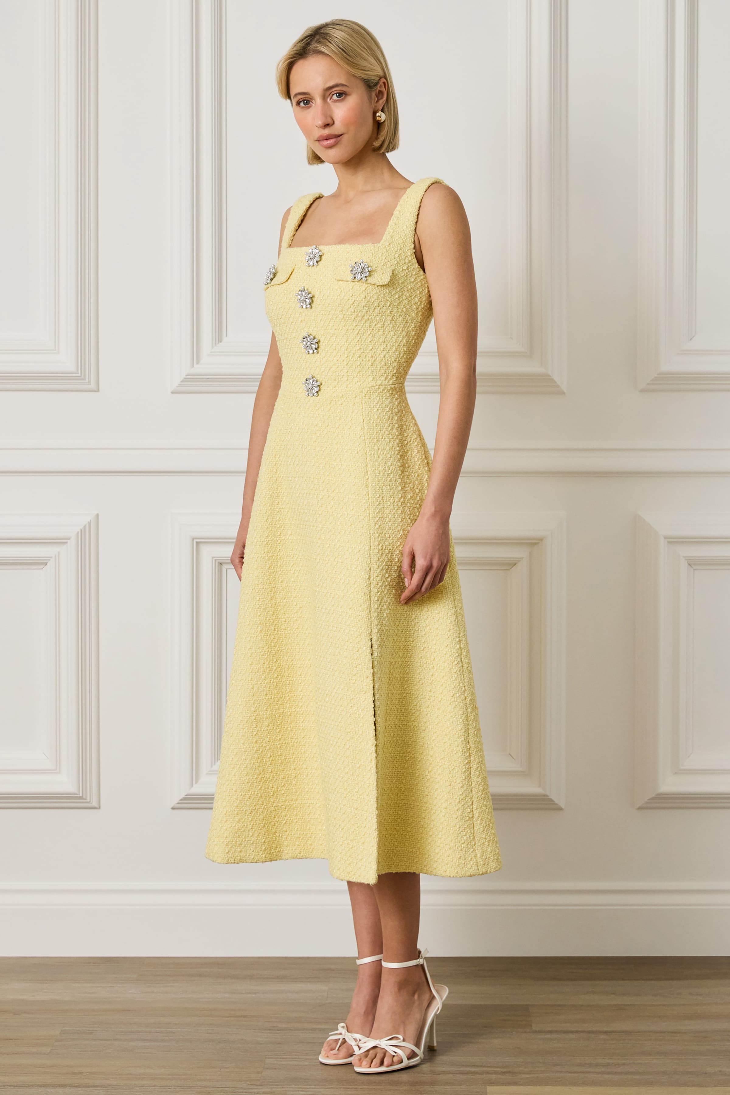 ELLA Embellished Boucle Midi Dress in Yellow