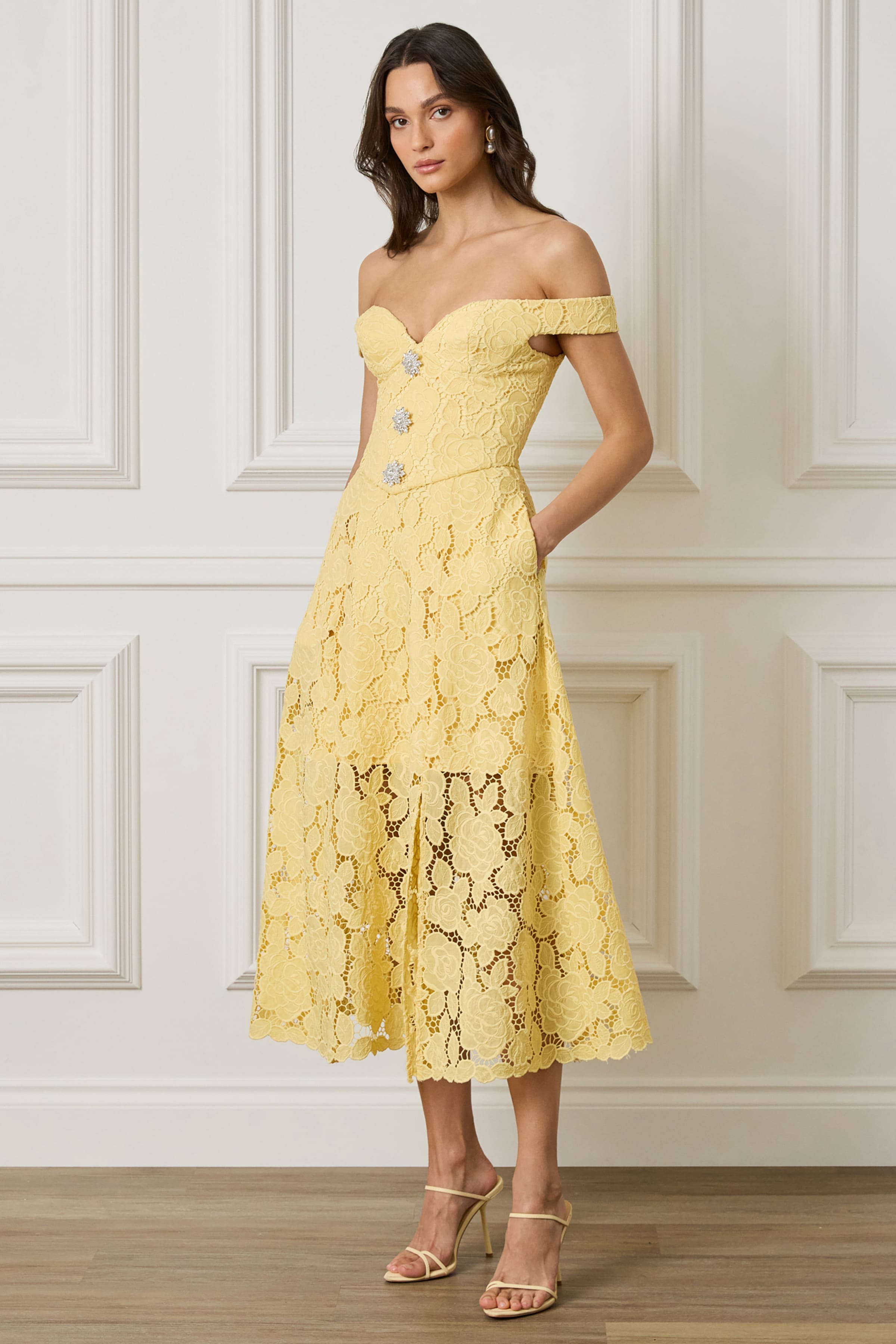 OLIVIA Broderie Anglais Off Shoulder Midi Sundress In Yellow