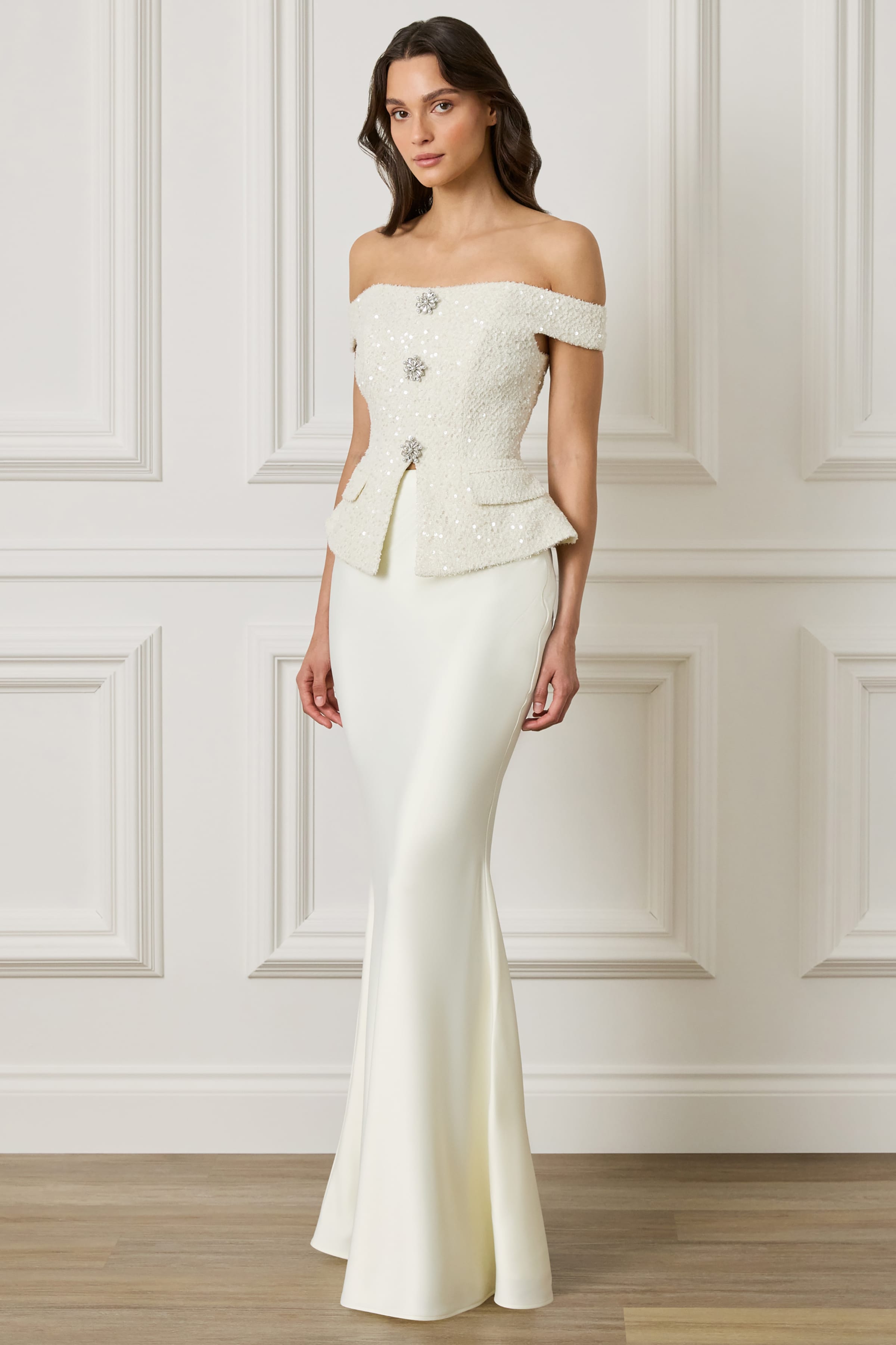 LEILA Embellished Boucle Top in Ivory