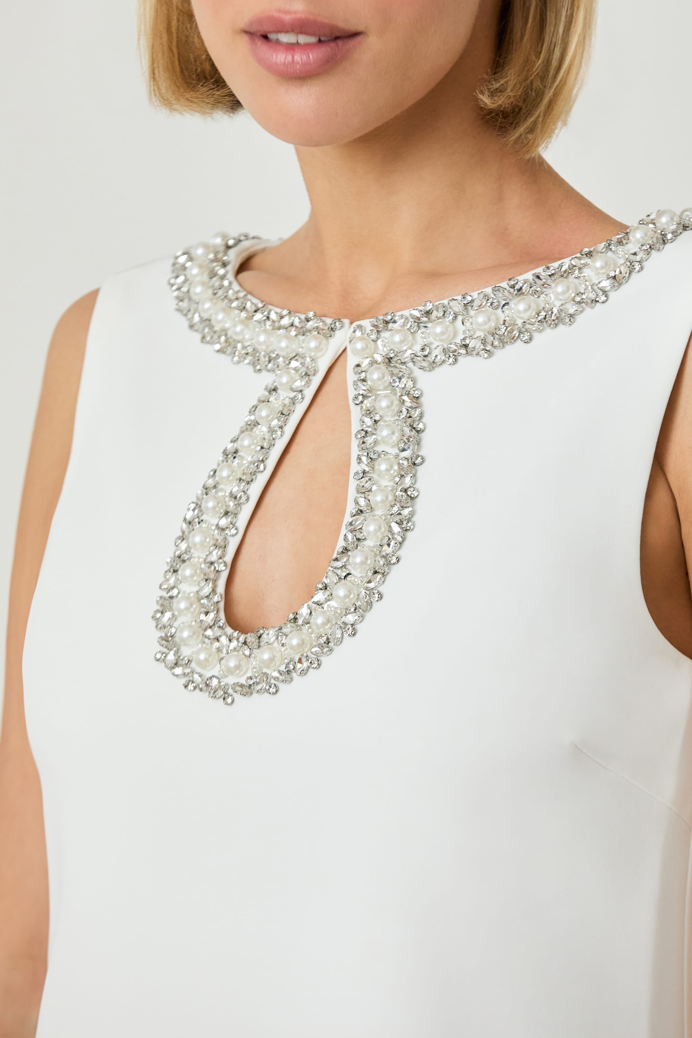 ABBIE Pearl Embellished Mini Shift Dress In White