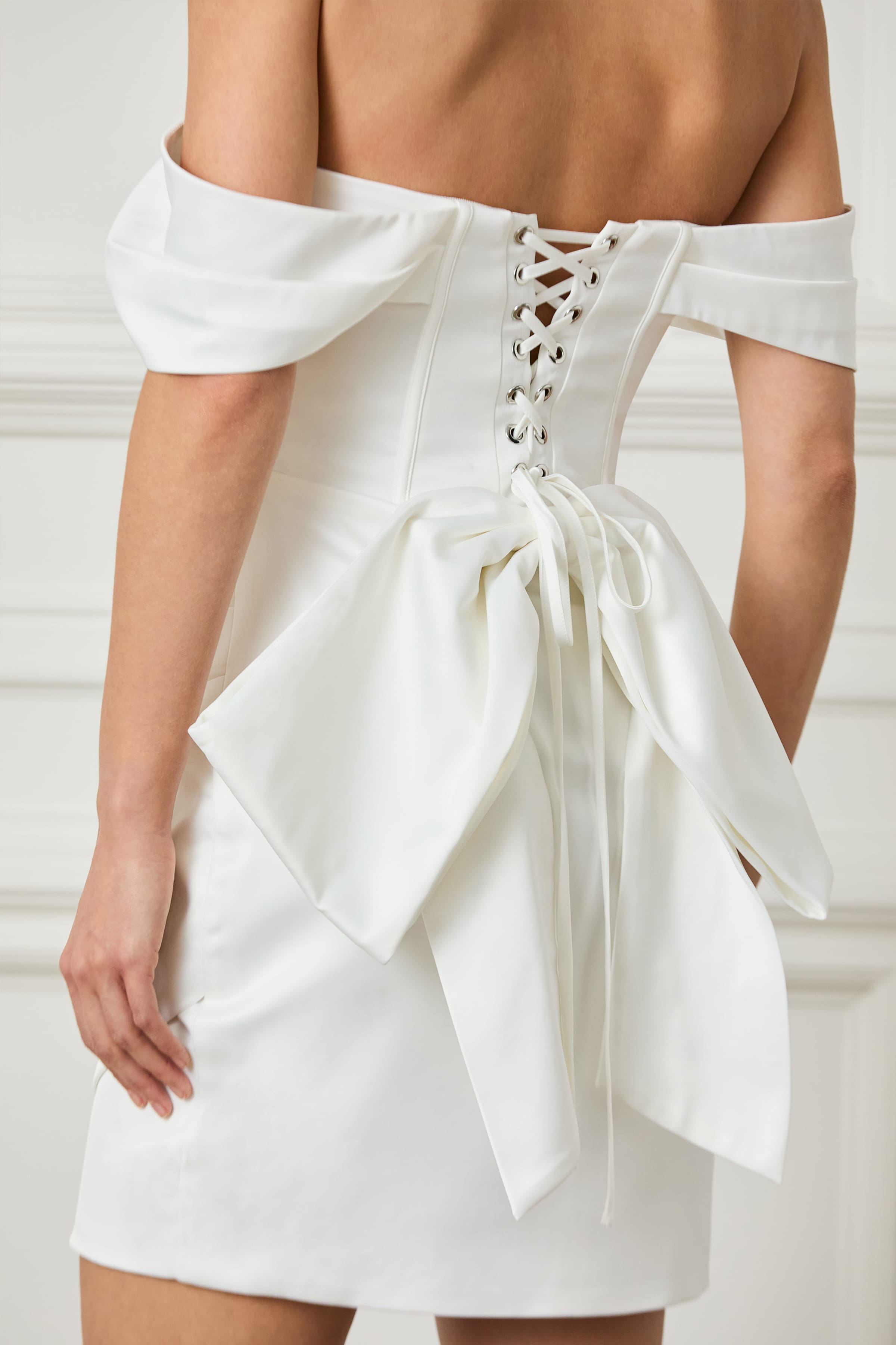 GEORGIE Satin Off Shoulder Lace Up Mini Dress in White