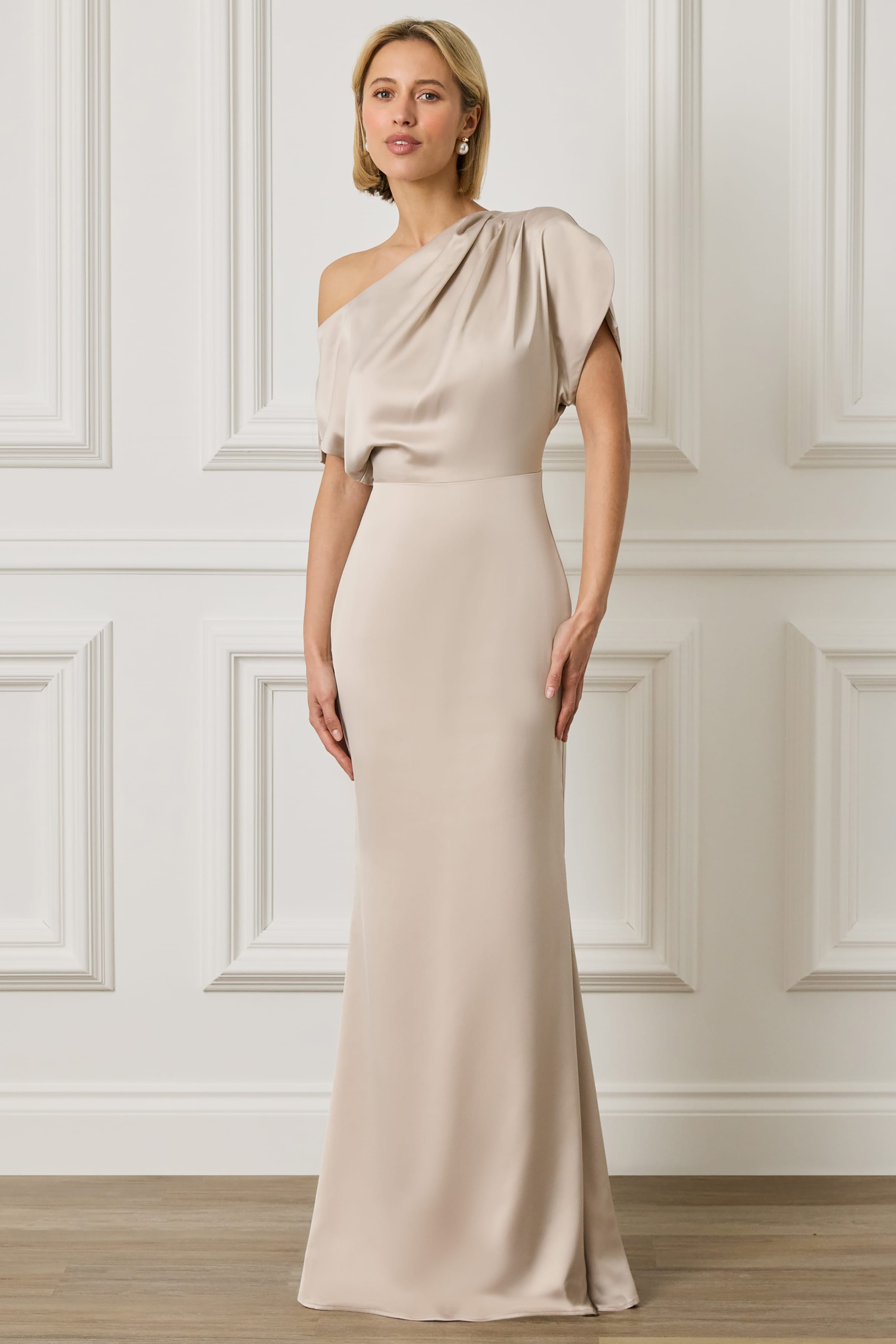 TRINITY Asymmetric Dropped Shoulder Split Sleeve Satin Maxi Dress in Champagne