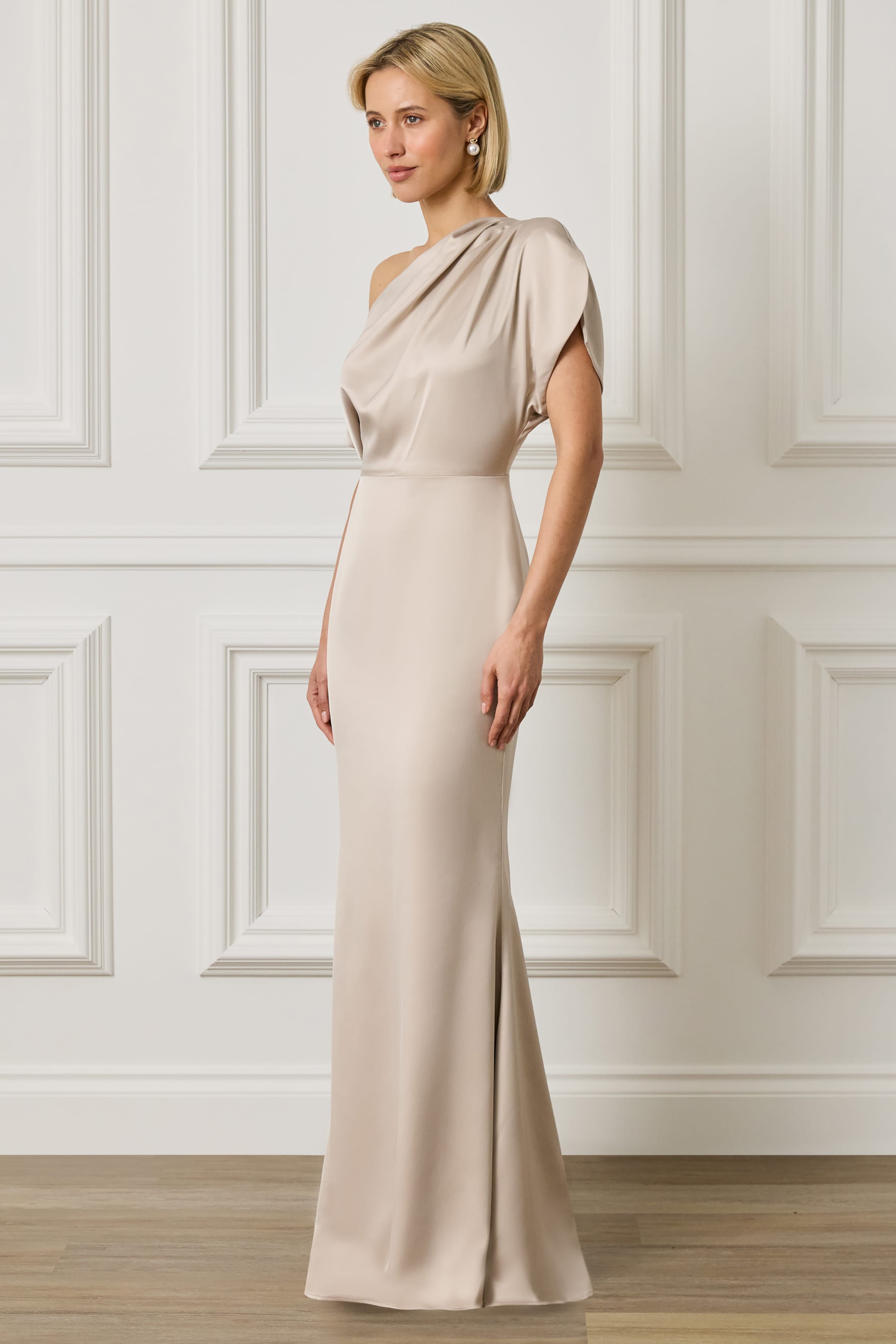 TRINITY Asymmetric Dropped Shoulder Split Sleeve Satin Maxi Dress in Champagne