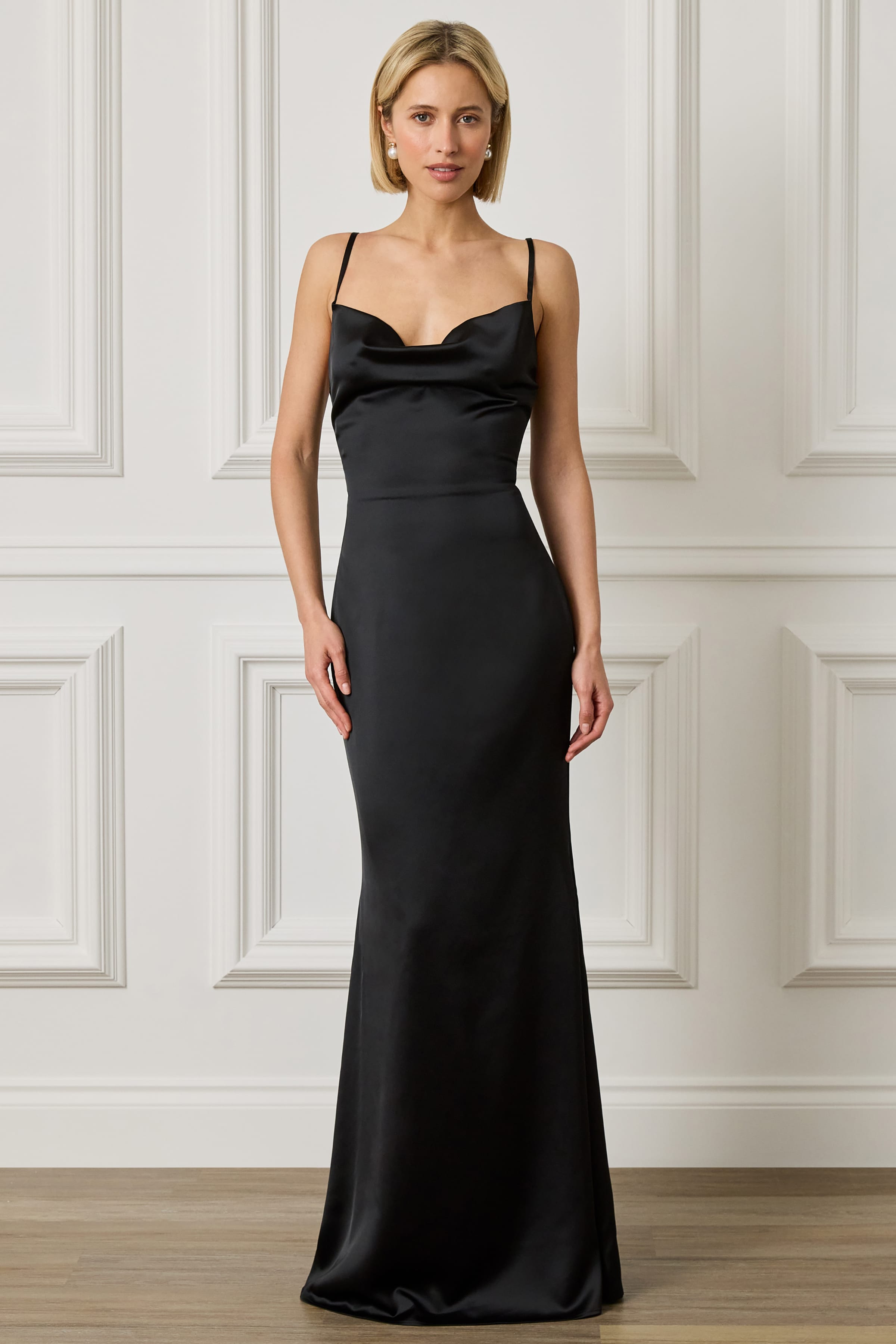PENNY Satin Cowl Neck Scoop Back Maxi Dress in  Black