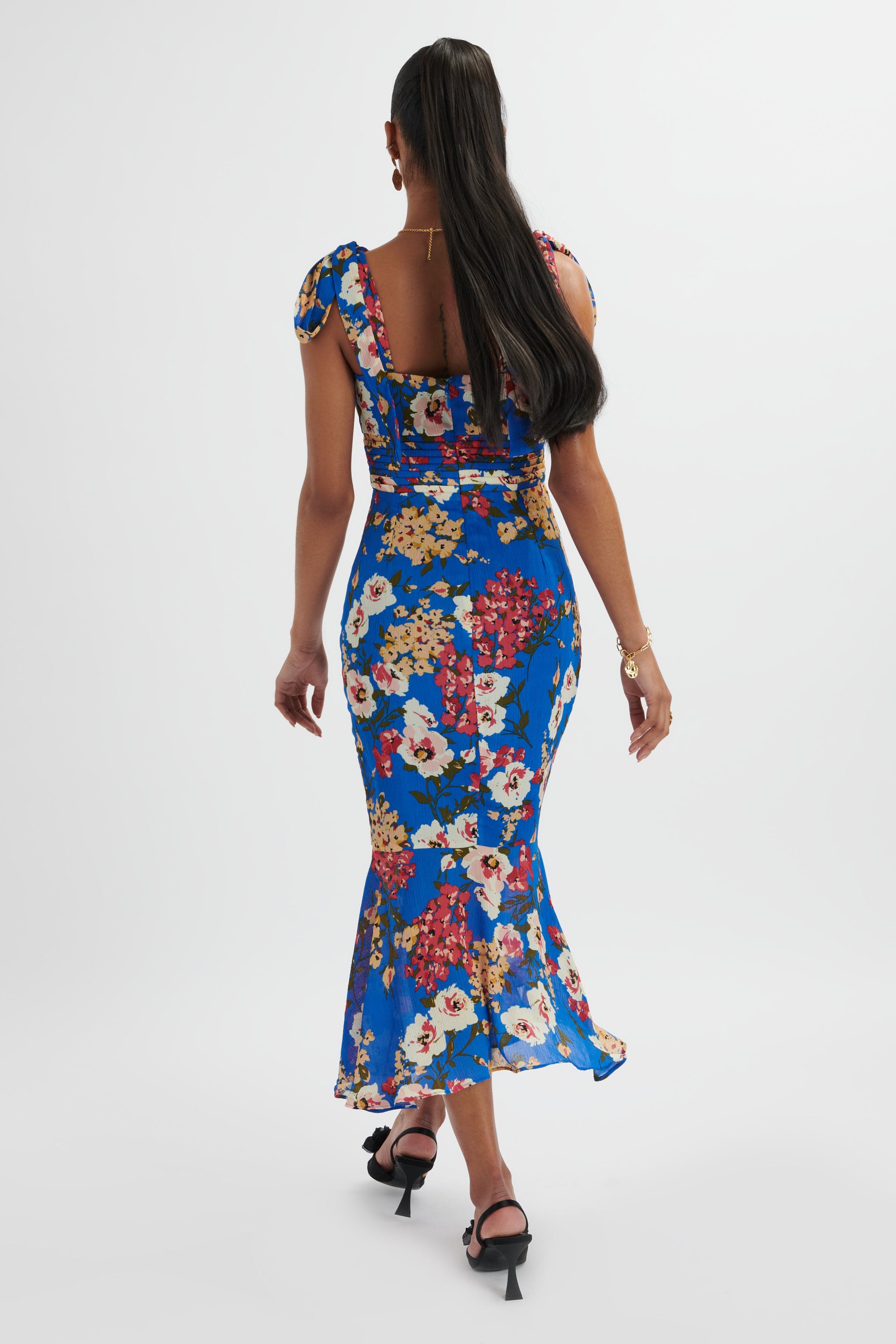 KAMILA Tie Strap Micro Button Longline Midi Dress In Blue Floral Satin