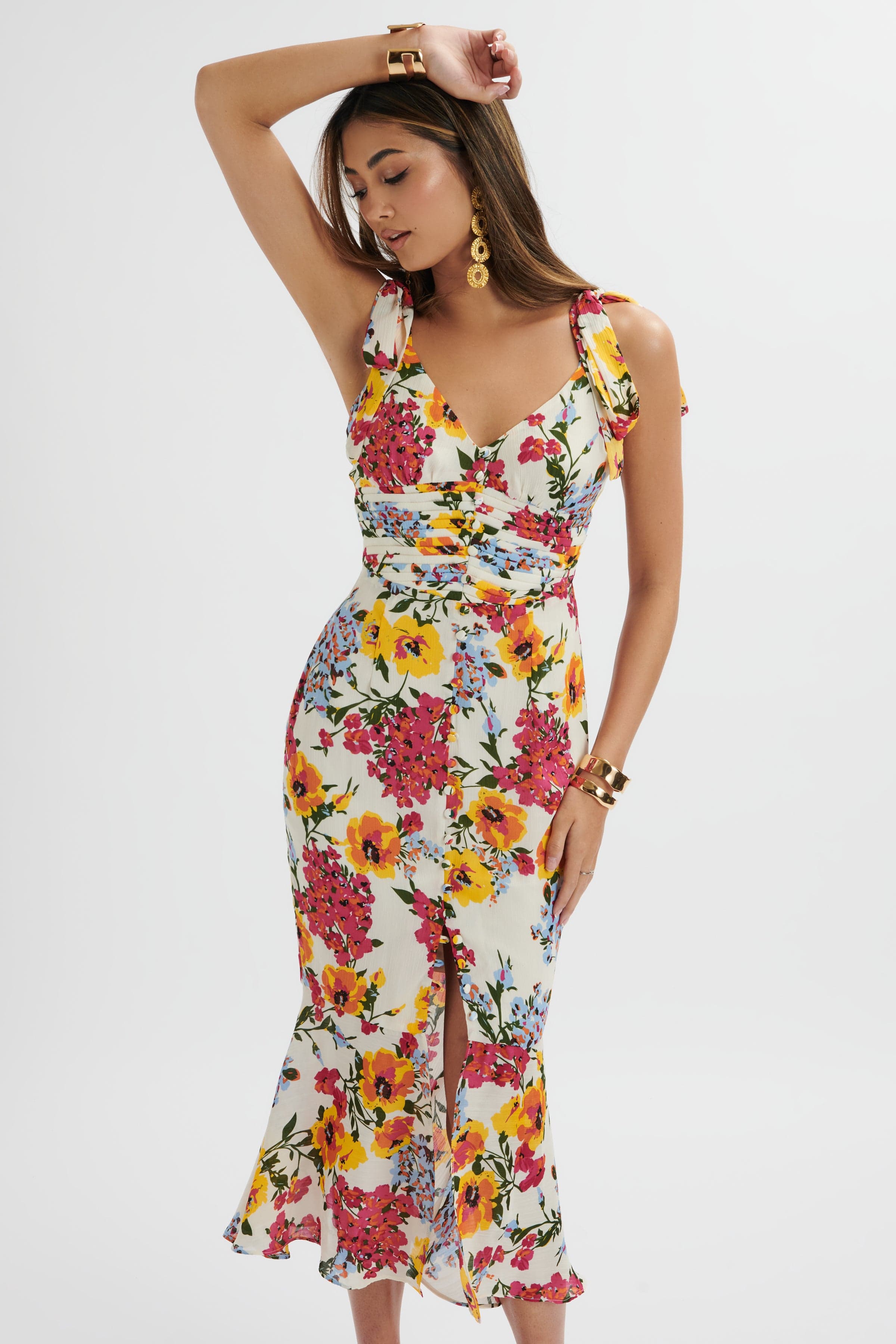 KAMILA Tie Strap Micro Button Longline Midi Dress In White Floral Satin