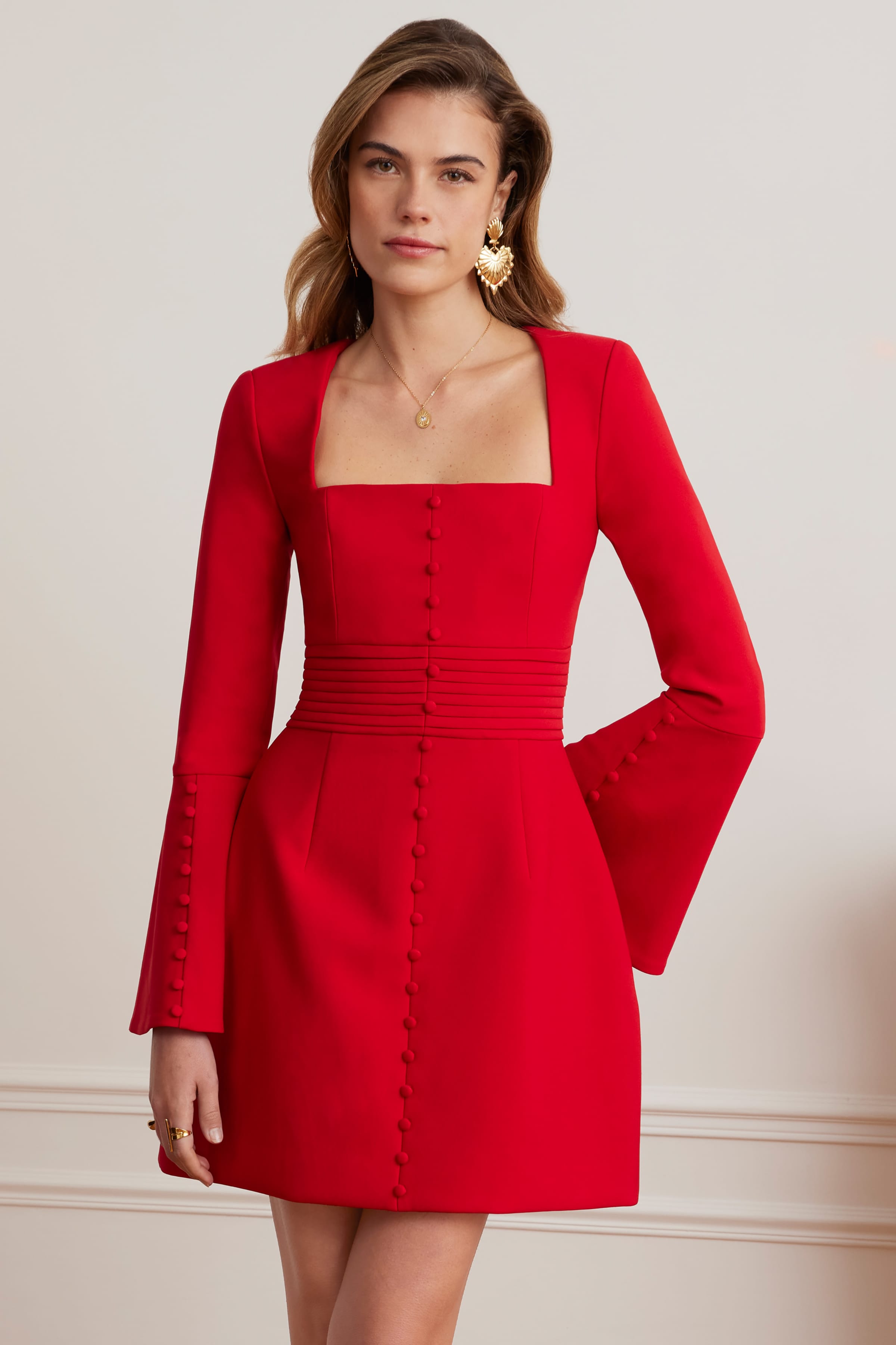ROMY Square Neck Fluted Sleeve Mini Dress in Red