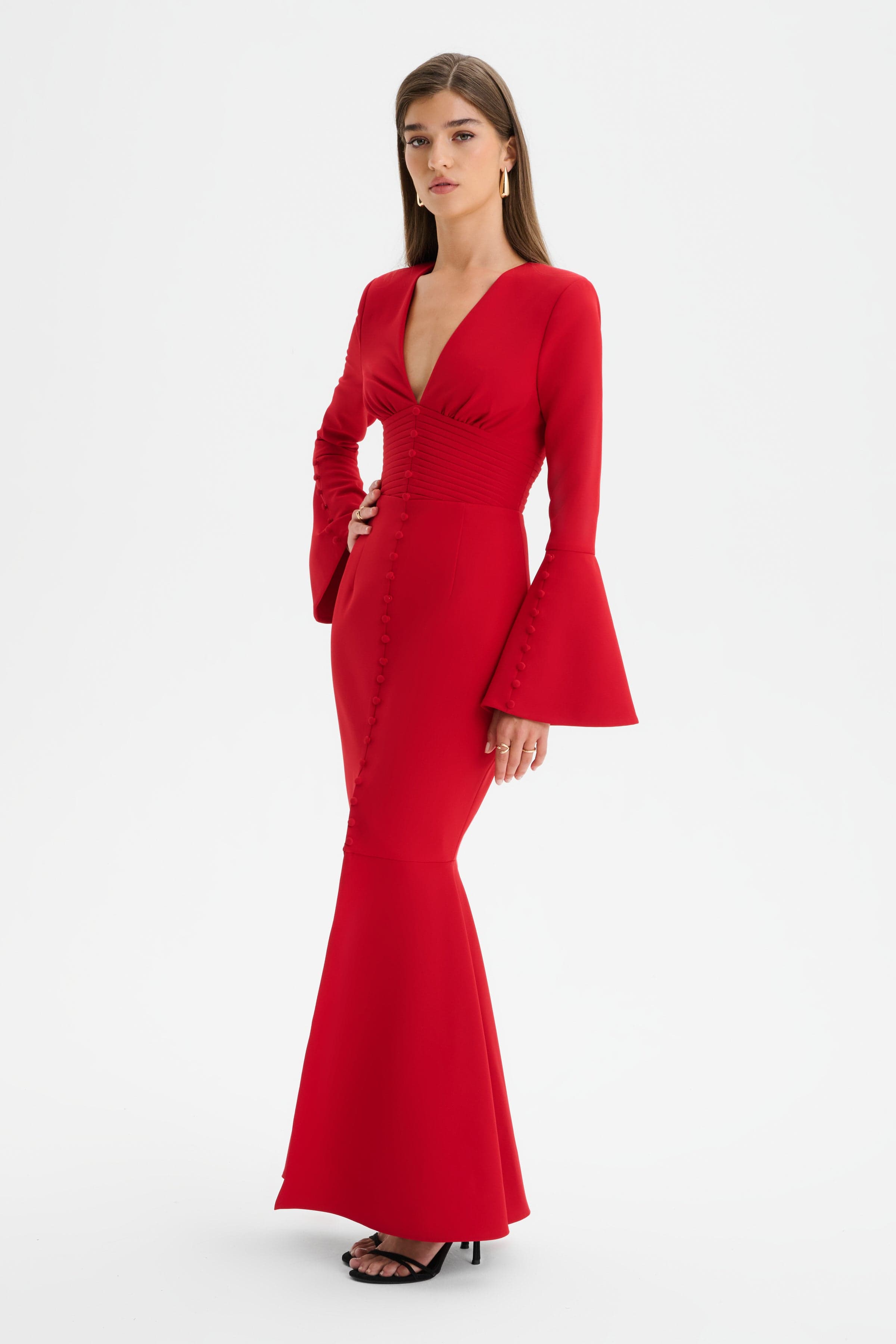 JOSIE Fluted Sleeve Fishtail Maxi Dress in Red