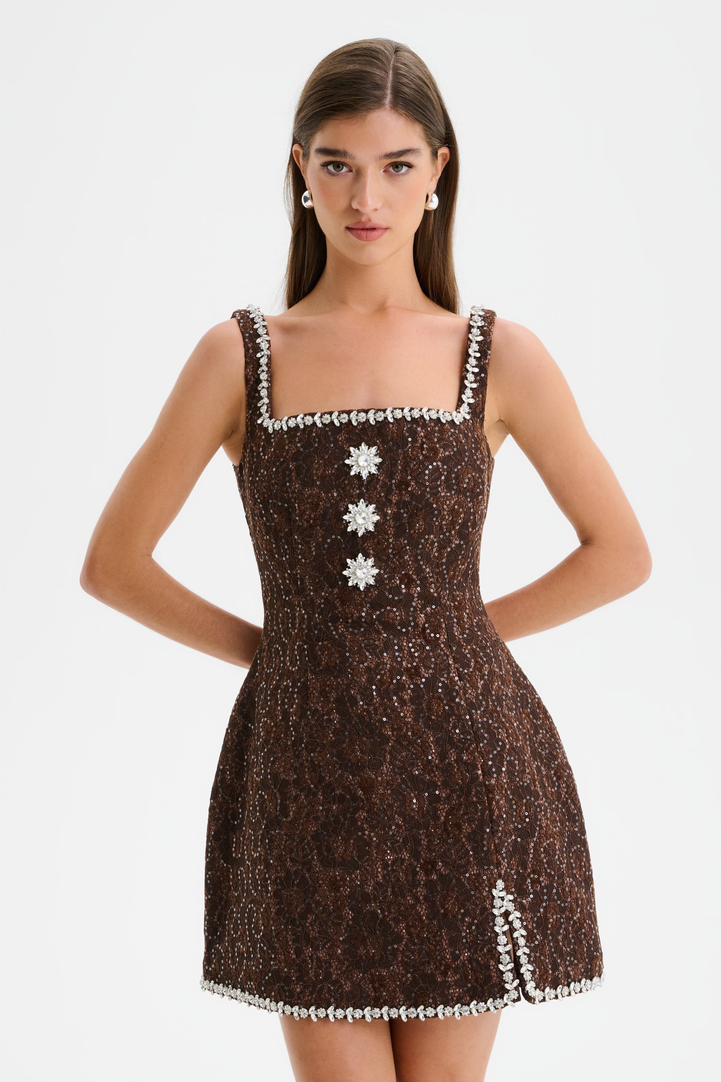 ZOEY Embellished Lace Boucle Tulip Mini Dress in Chocolate