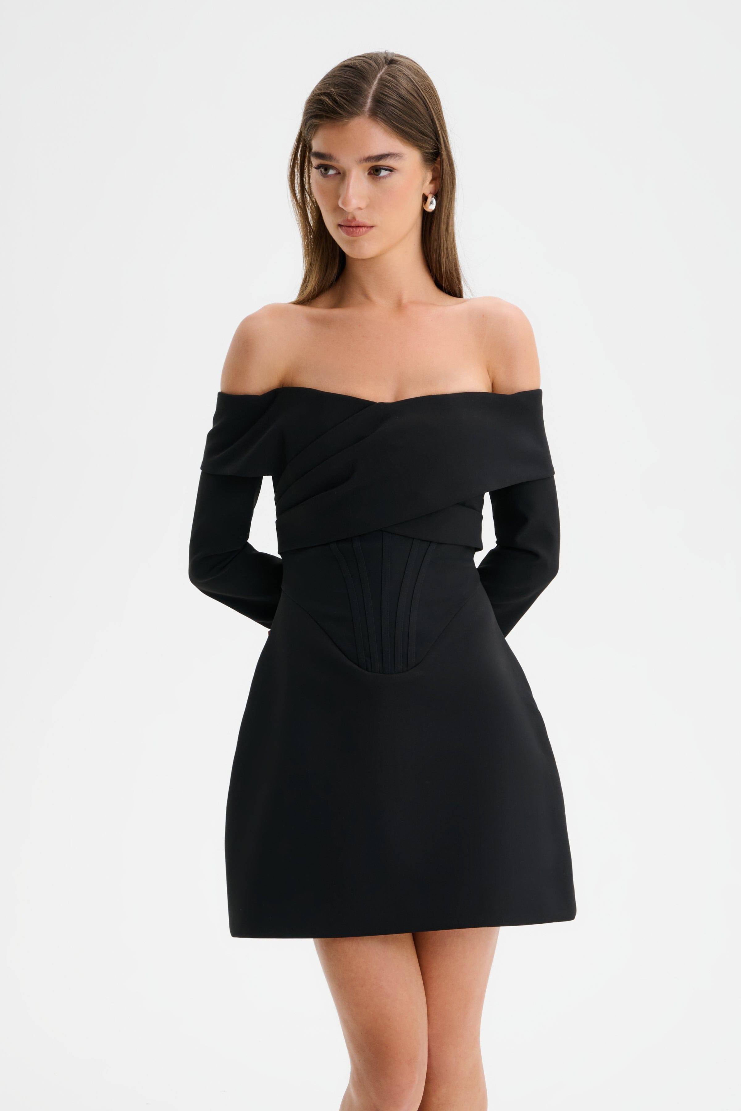 BONNIE Off Shoulder Tulip Mini Dress With Corsetry Detail in Black