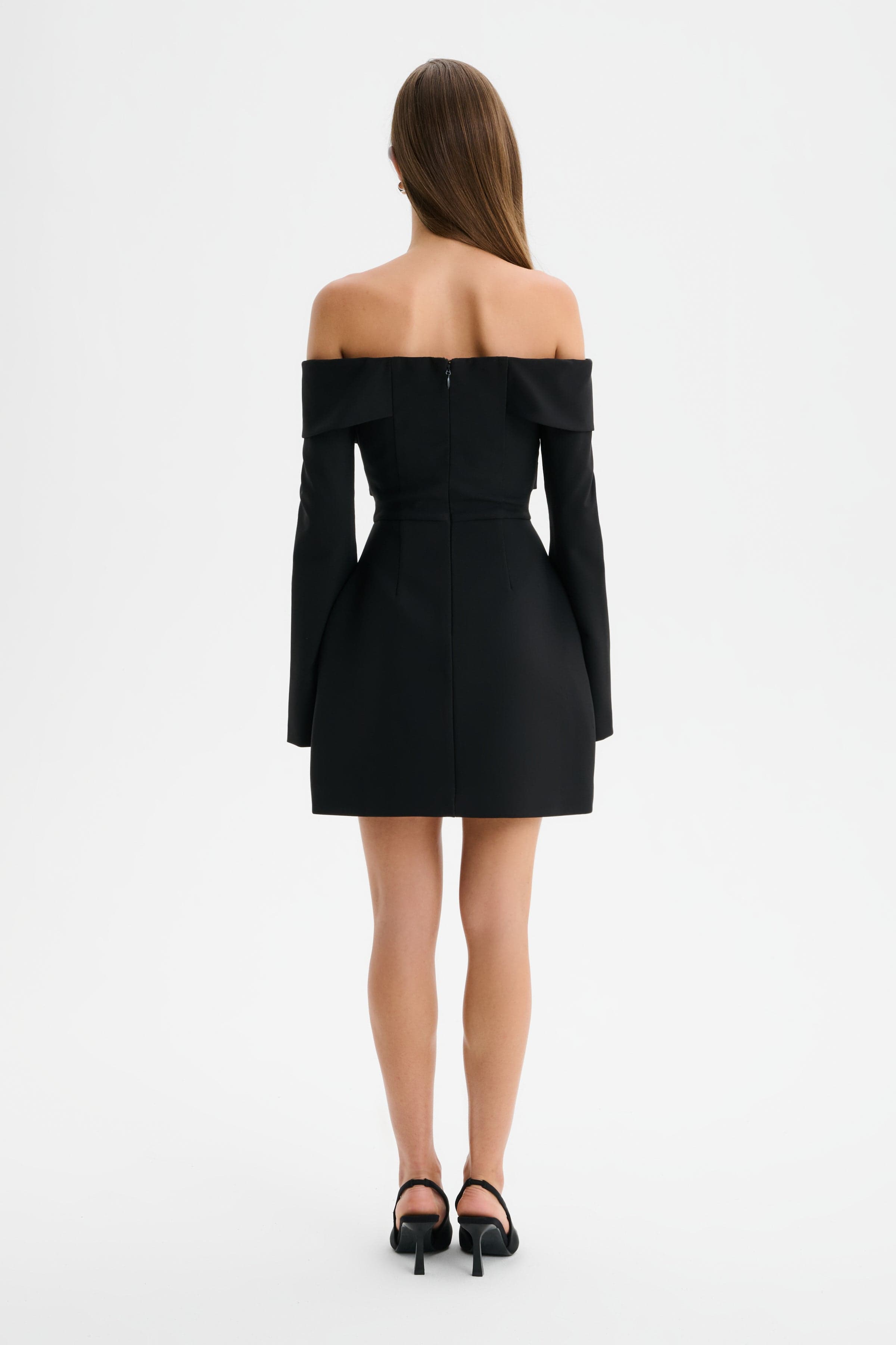 BONNIE Off Shoulder Tulip Mini Dress With Corsetry Detail in Black