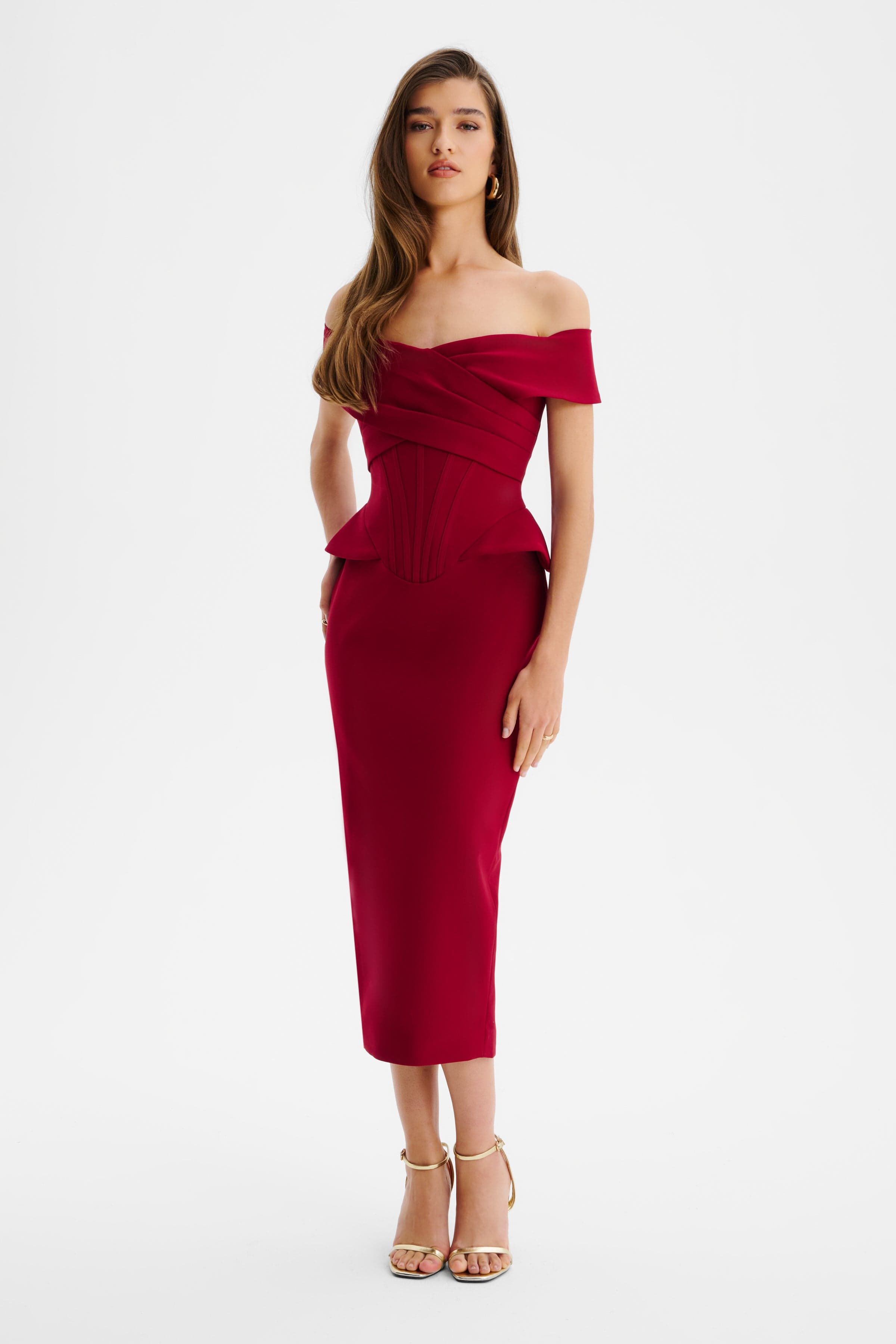 BETHANY Off Shoulder Midi Dress with Corsetry Detail in Burgundy