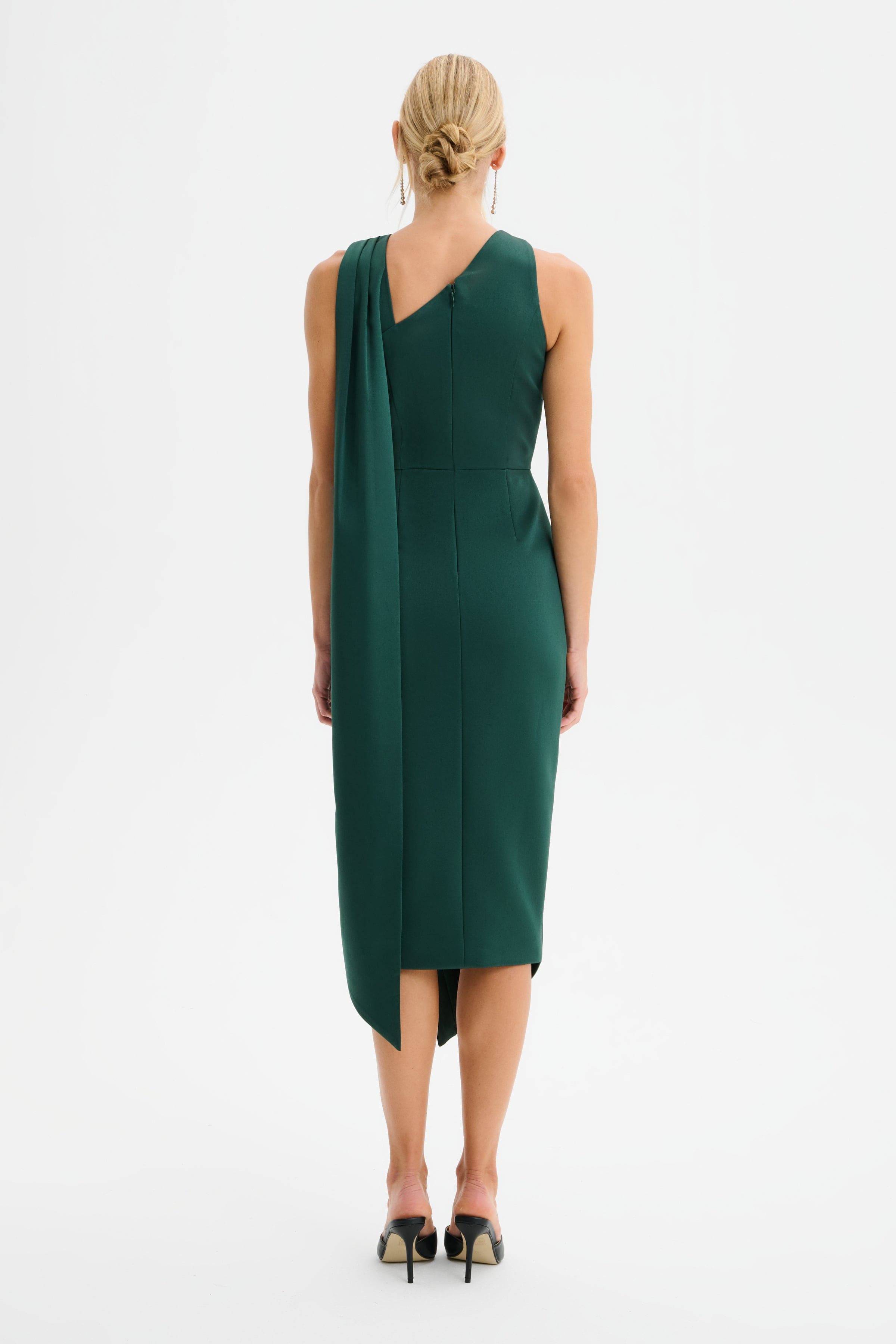 ROSE Cross Neck Bonded Satin Midi Dress with Drape in Emerald