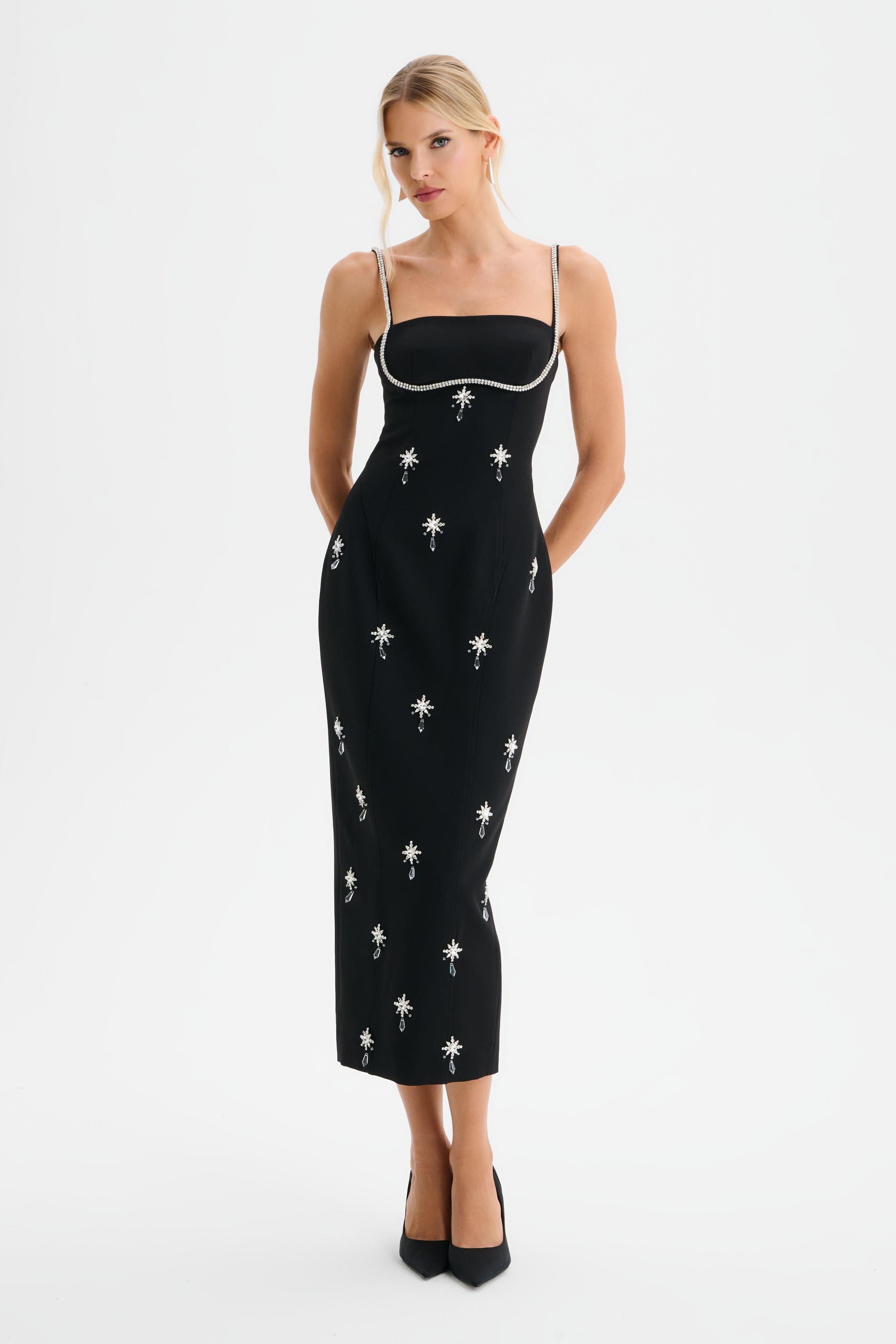 DAISY Hand Embellished Contour Tailored Midi Dress in Black