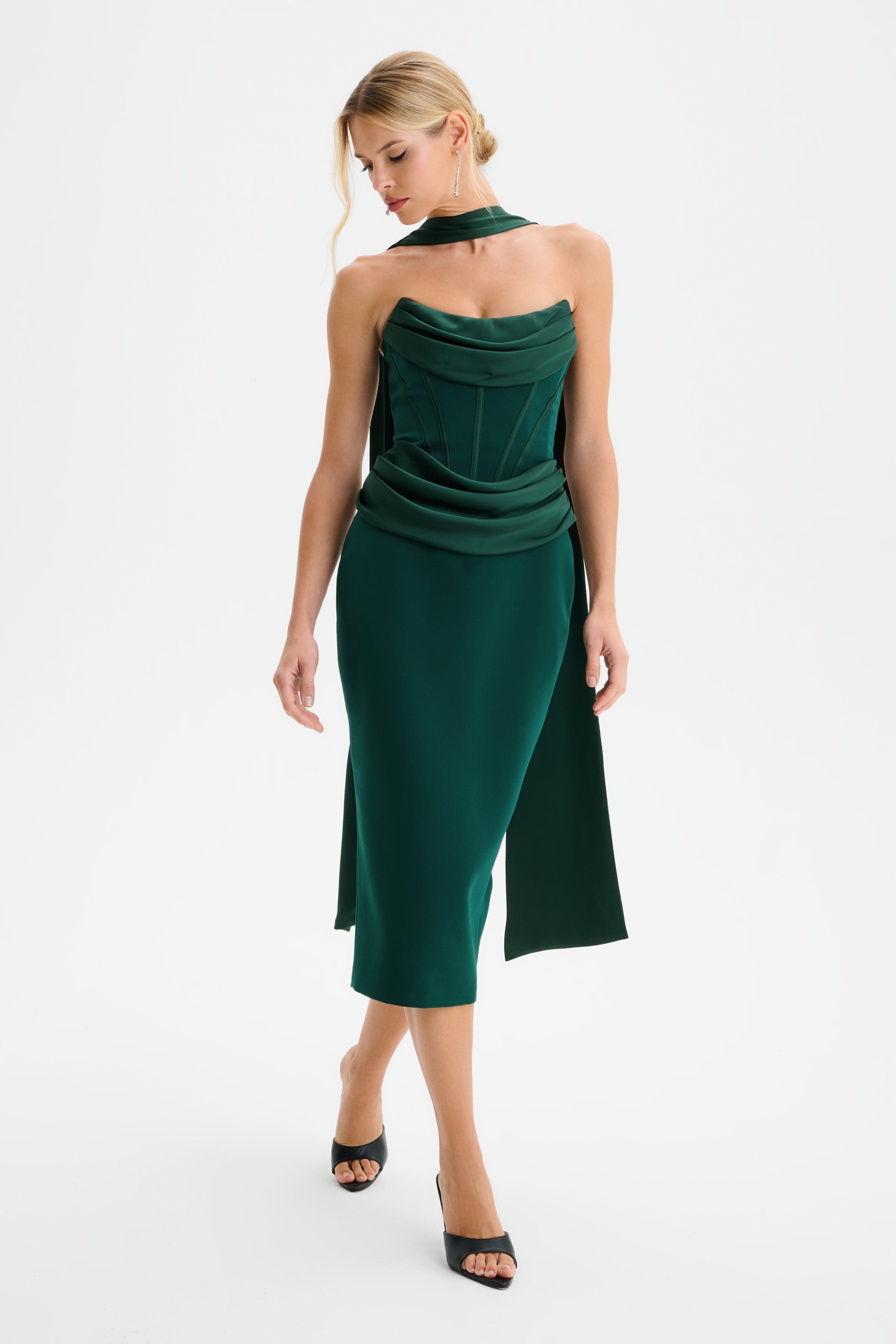 ZENDEYA Satin Draped Corset Midi Dress with Neck Scarf in Emerald Green