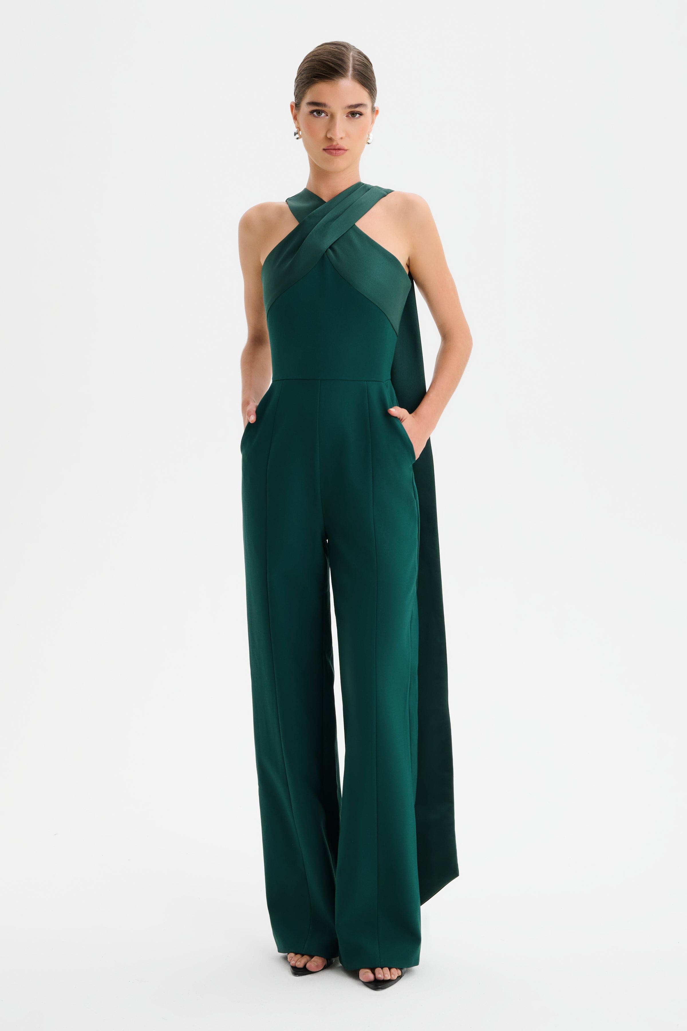 CHANTELLE Cross Neck Straight Leg Jumpsuit with Satin Drape in Emerald