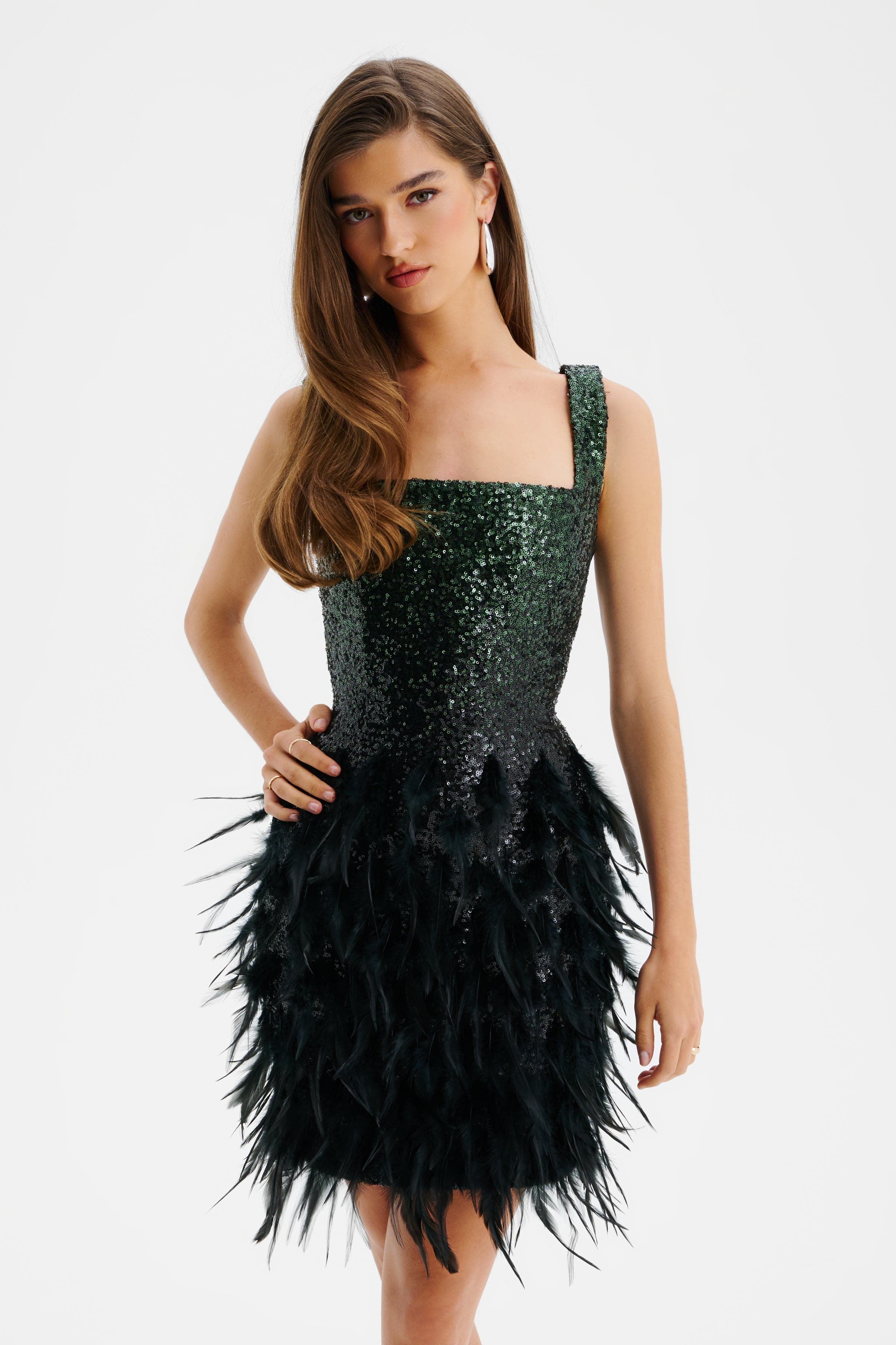 SERAPHINA Ombre Sequin Mini Dress With Feathers In Emerald Green & Black