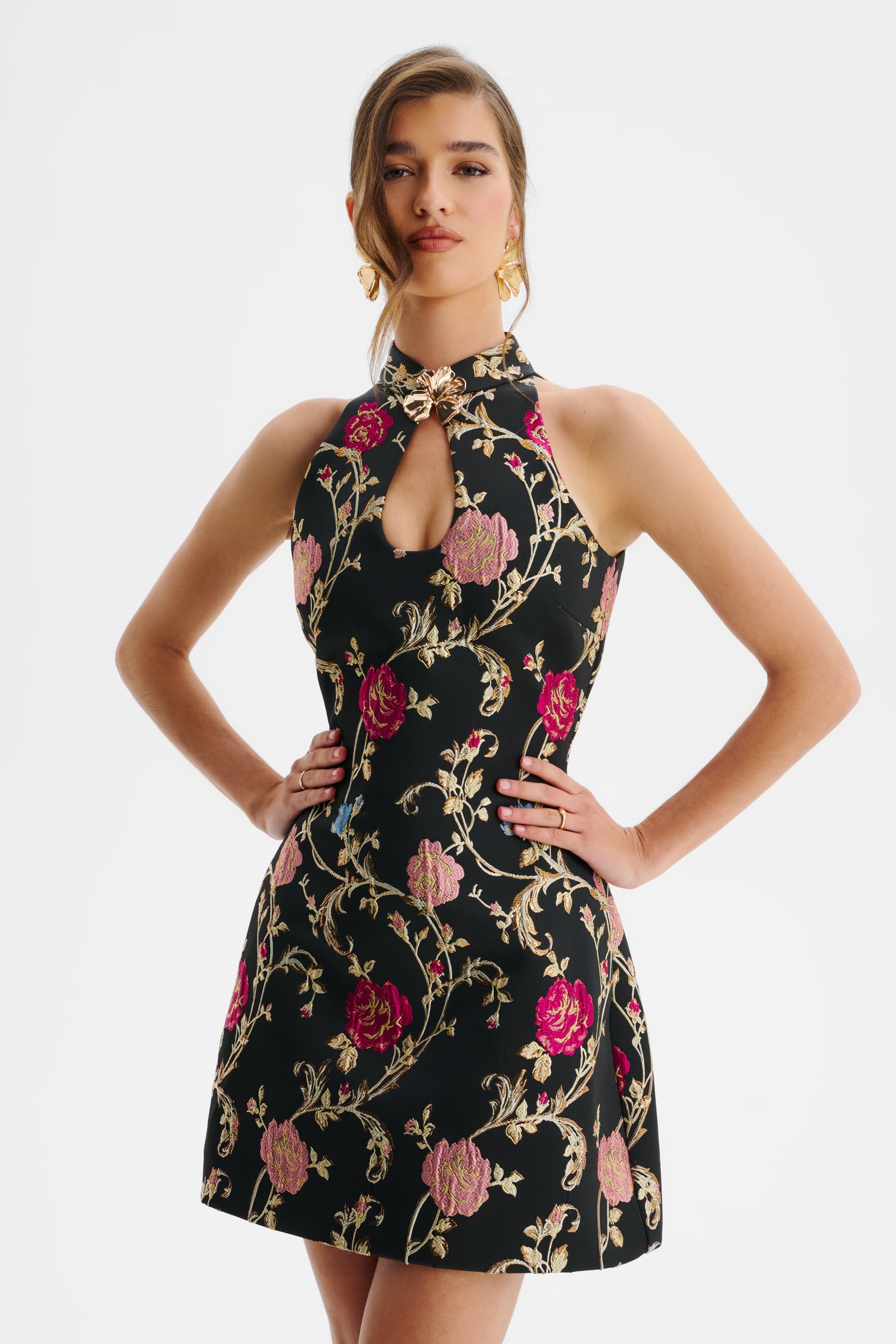 VIOLETTA Metallic Floral Brocade High Neck Mini Dress In Black