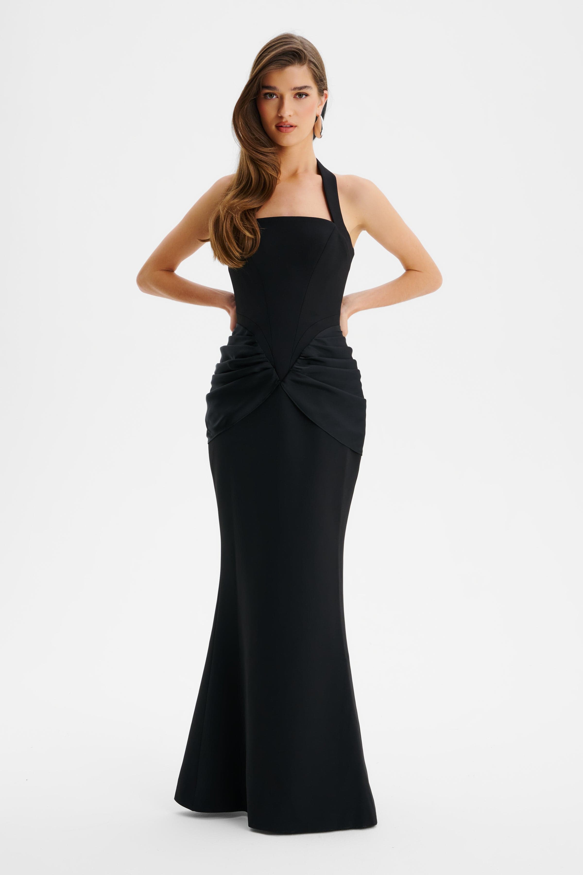 ISABEAU Square Neck Maxi Dress With Satin Drape Detail In Black
