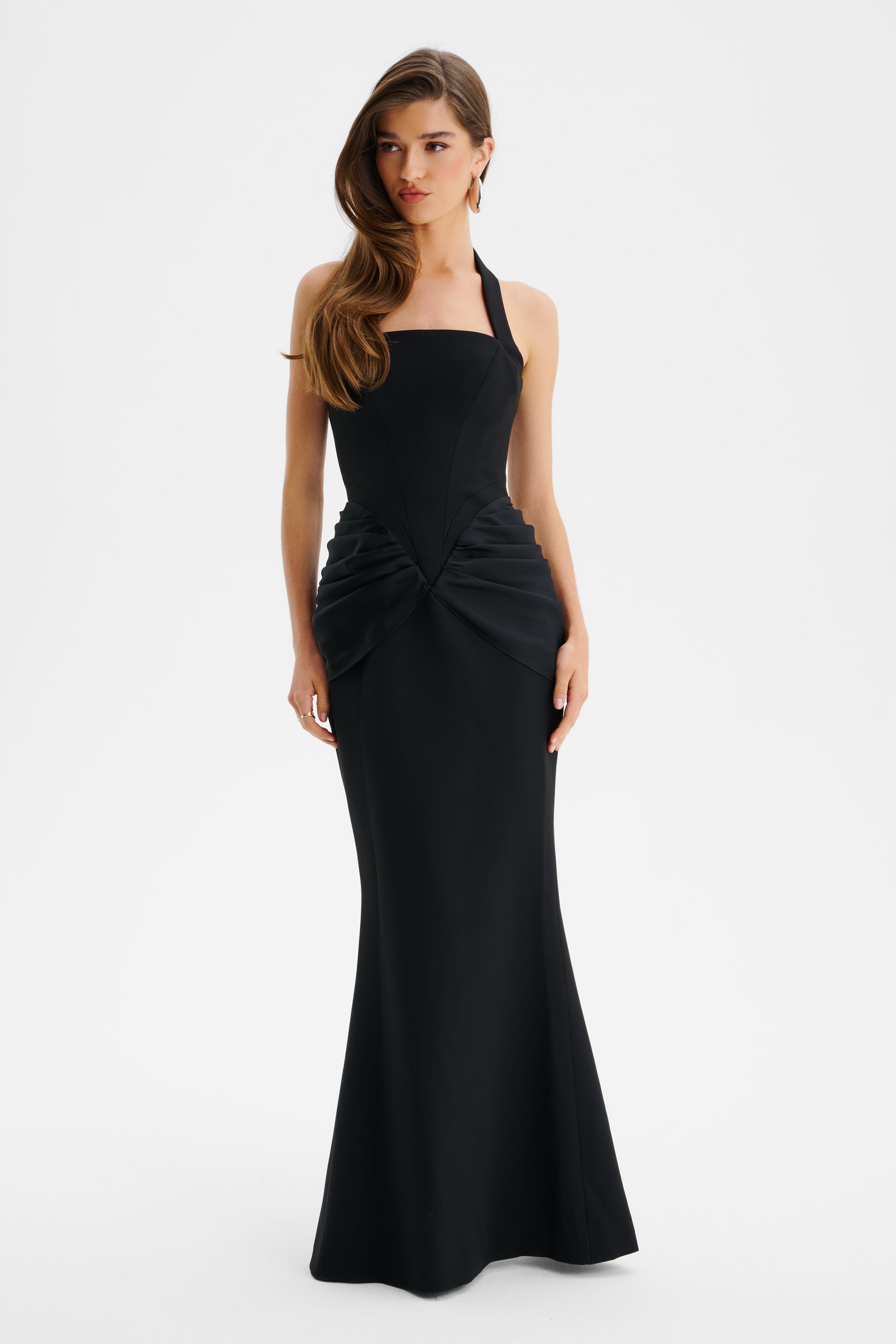 ISABEAU Square Neck Maxi Dress With Satin Drape Detail In Black