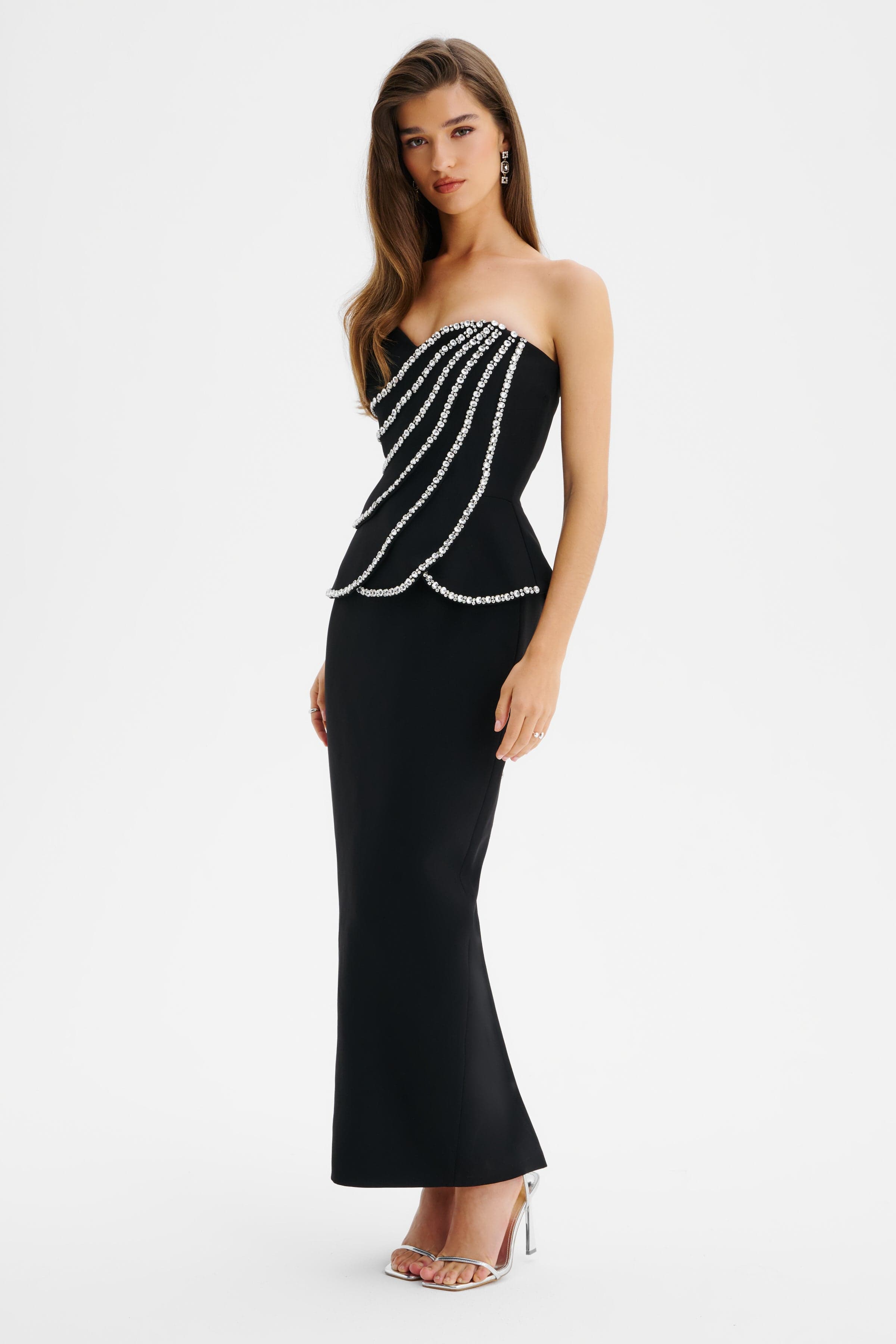 CELESTINE Diamante Embellished Scallop Peplum Midi Dress In Black