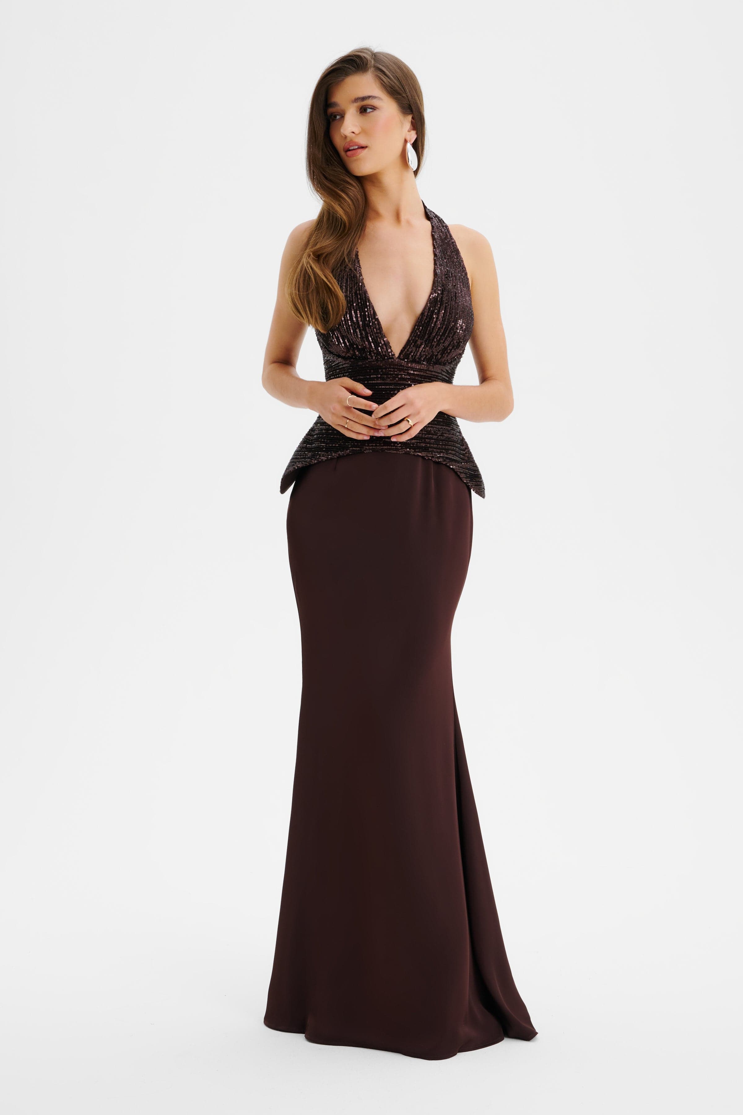 LUCIENNE Pleated Sequin Hourglass Corset Maxi Dress In Brown