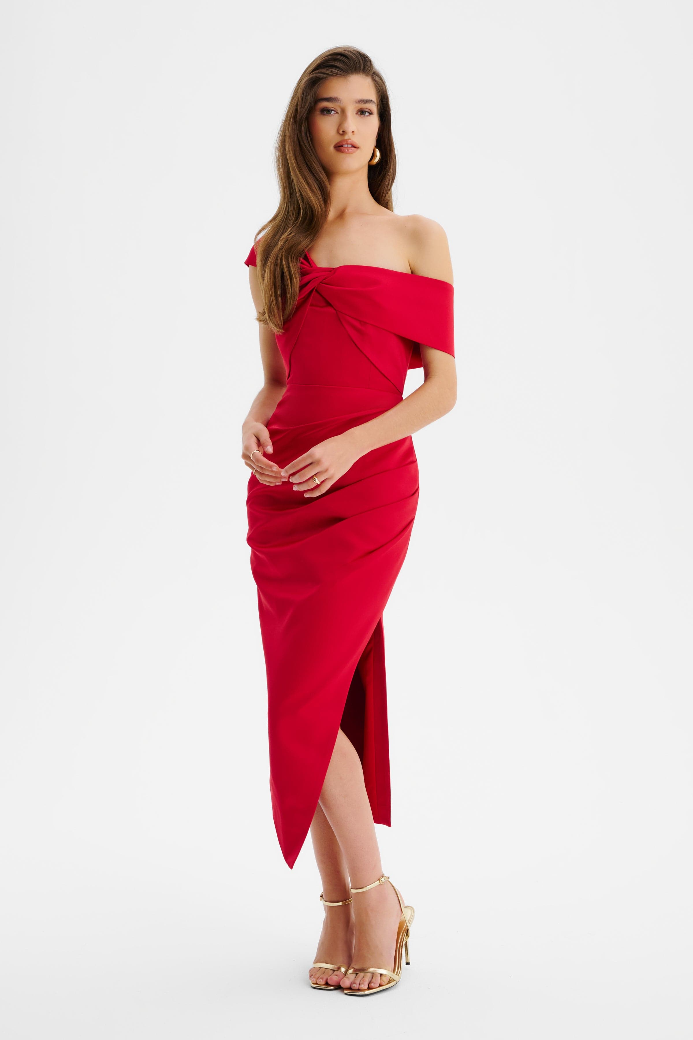 RUBIE Twisted One Shoulder Bonded Satin Midi Dress In Red