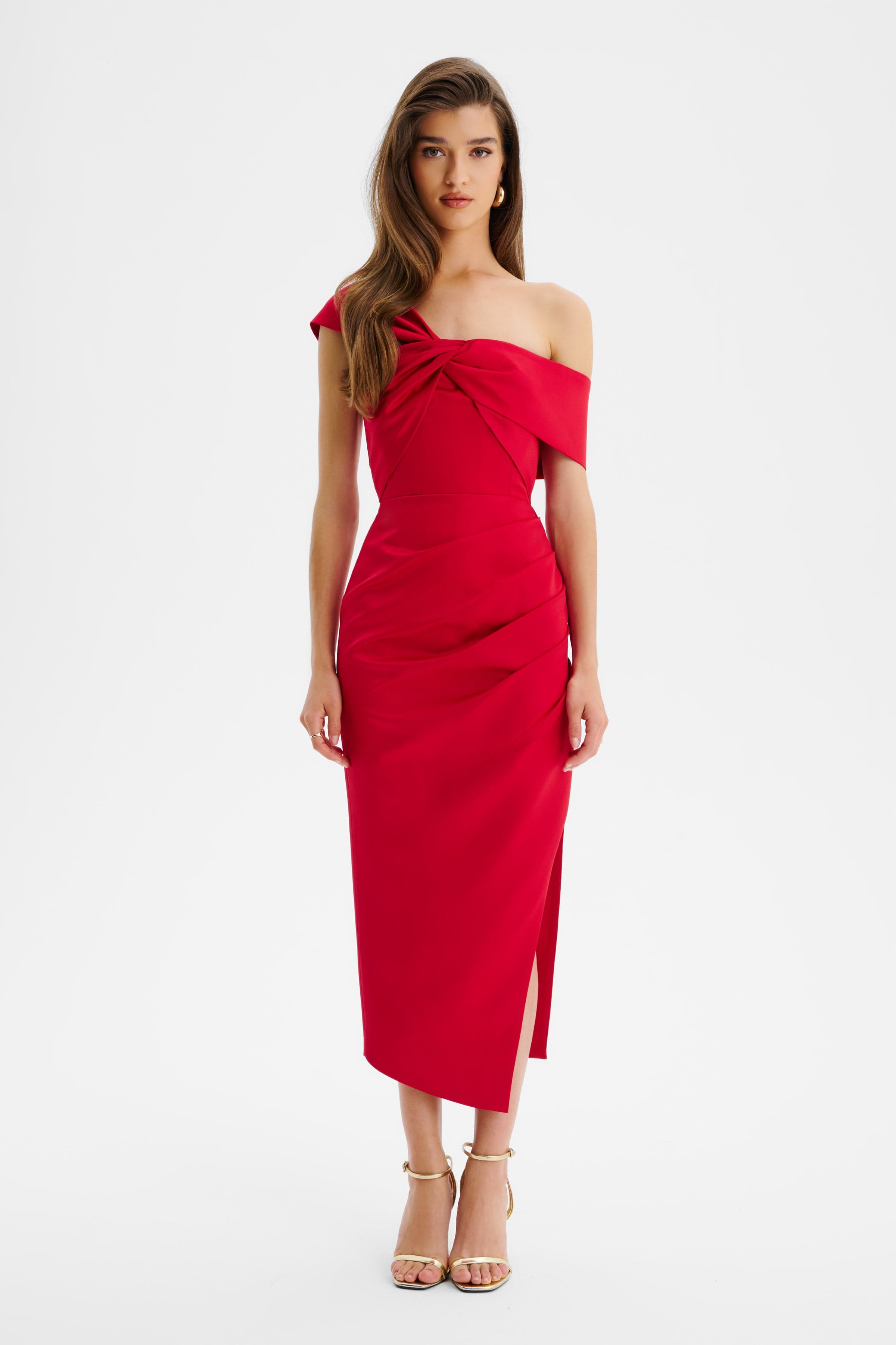 RUBIE Twisted One Shoulder Bonded Satin Midi Dress In Red