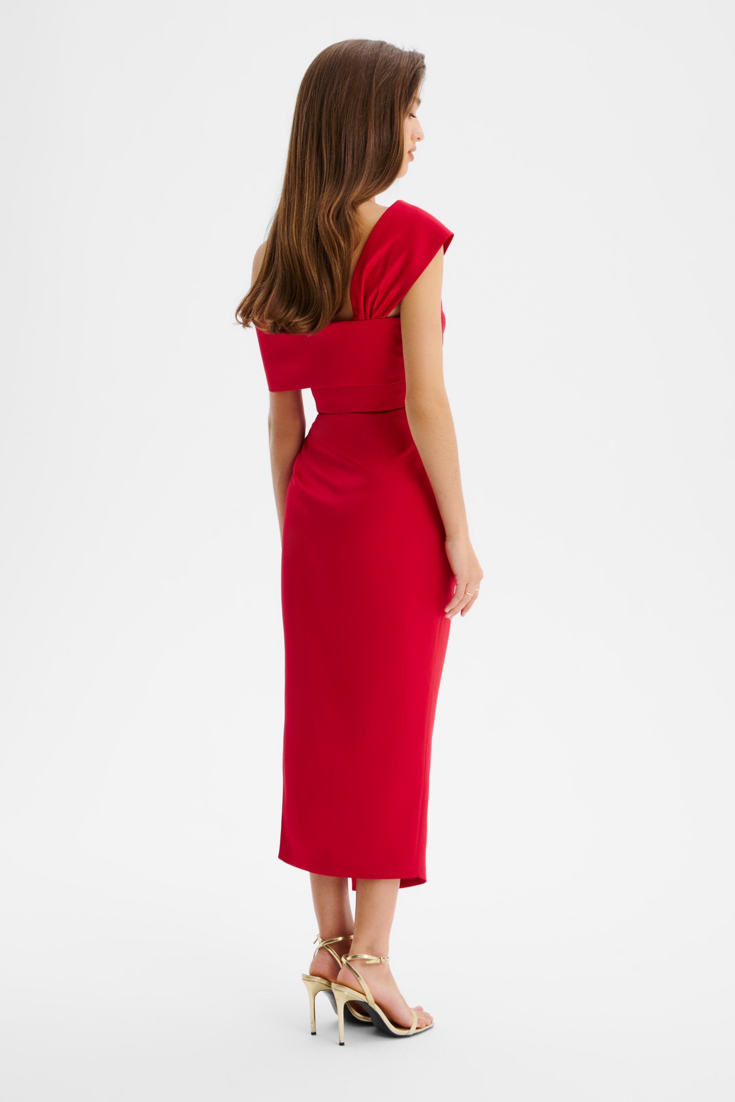RUBIE Twisted One Shoulder Bonded Satin Midi Dress In Red