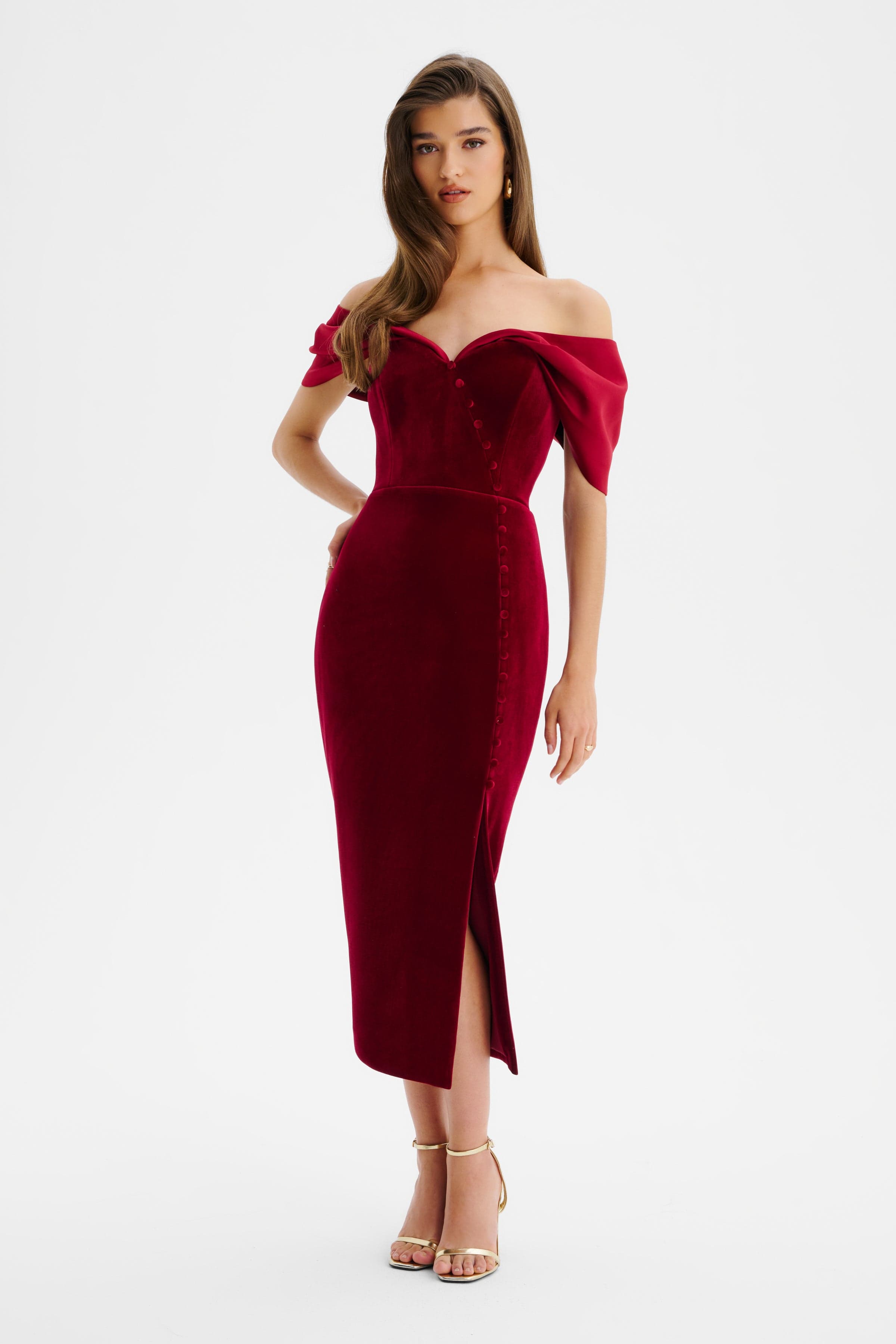 NOELLE Velvet Satin Mix Bardot Midi Dress In Burgundy
