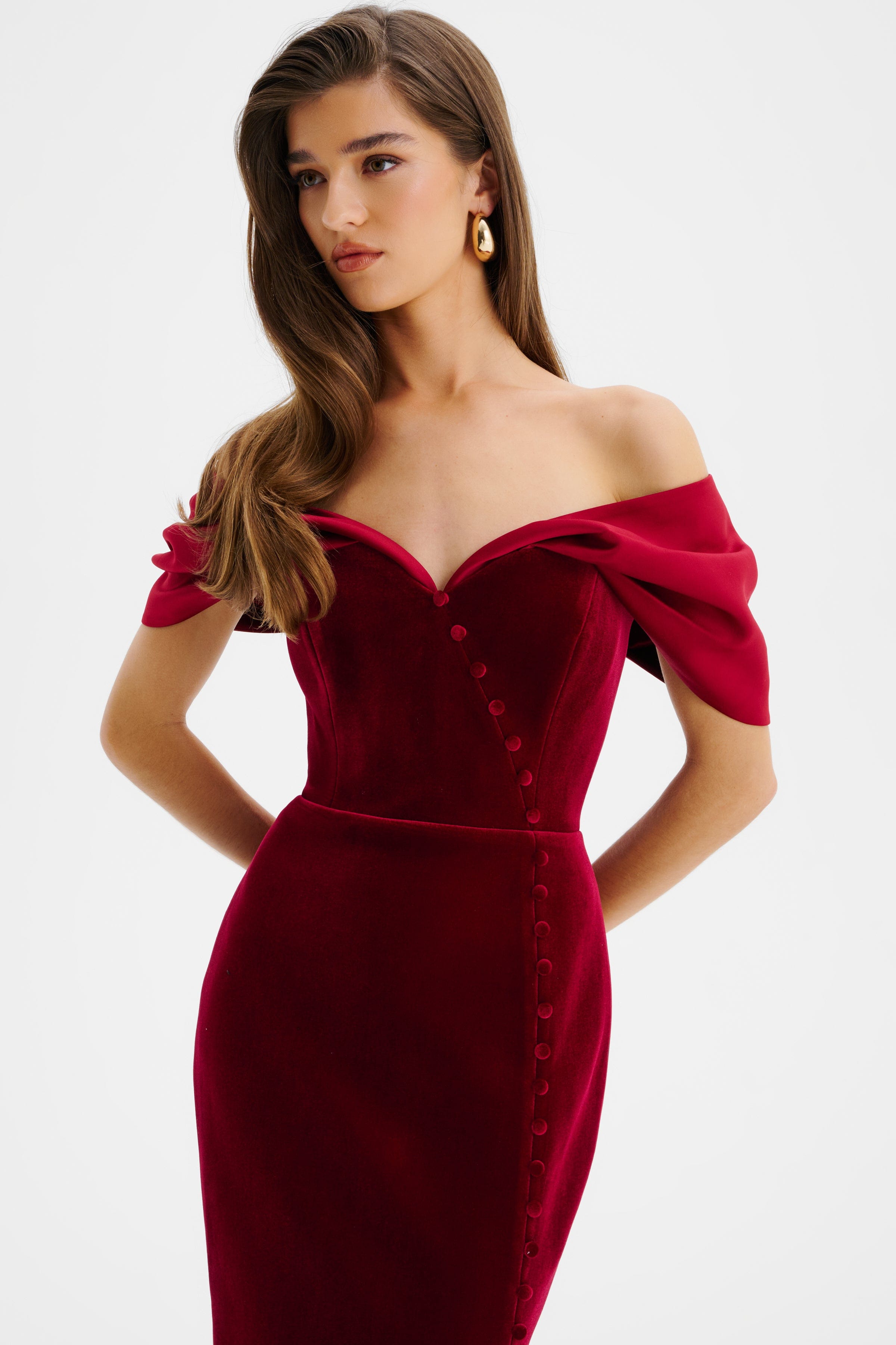 NOELLE Velvet Satin Mix Bardot Midi Dress In Burgundy