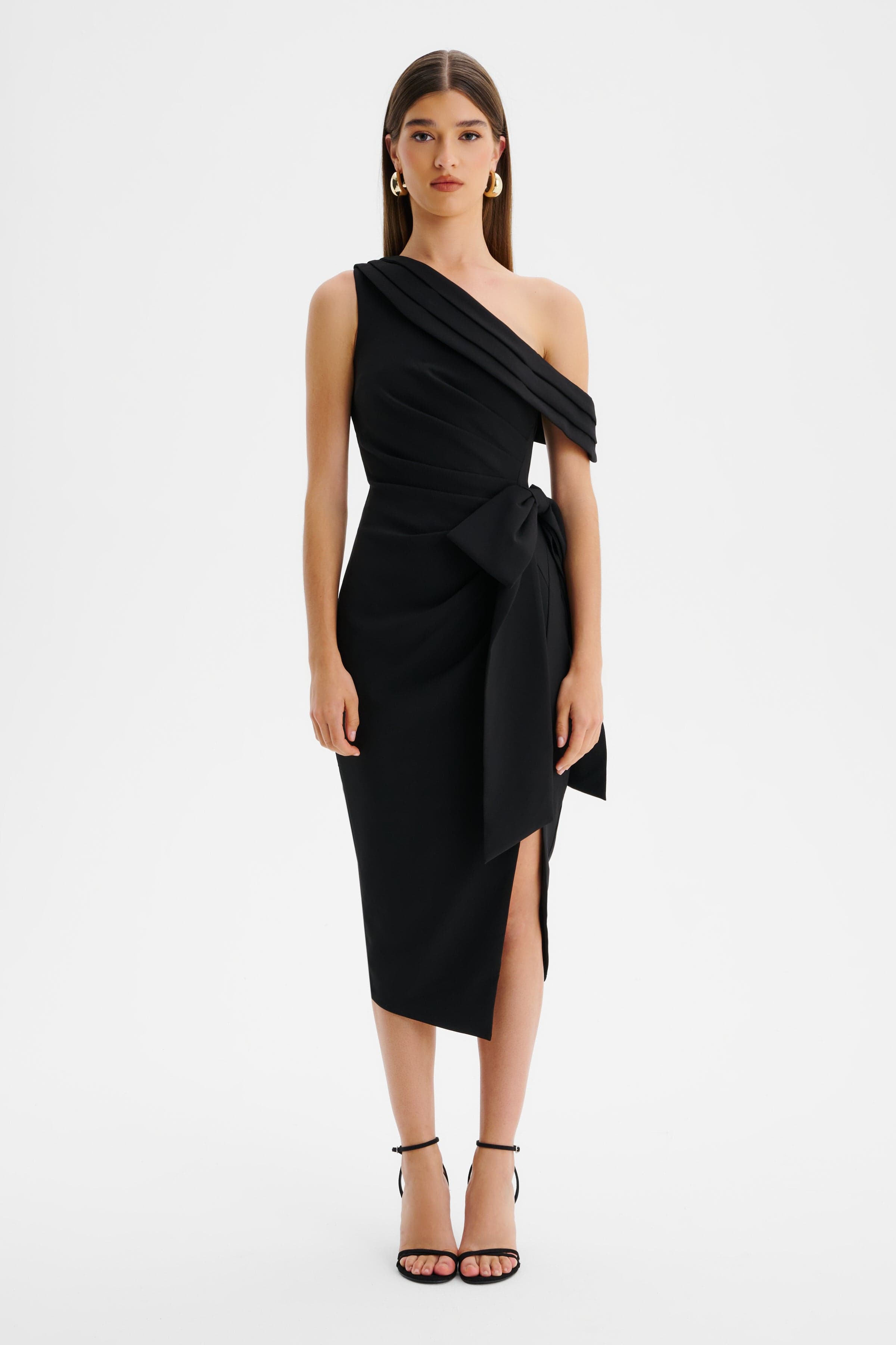 HONEY One Shoulder Pleated Bow Midi Dress in Black
